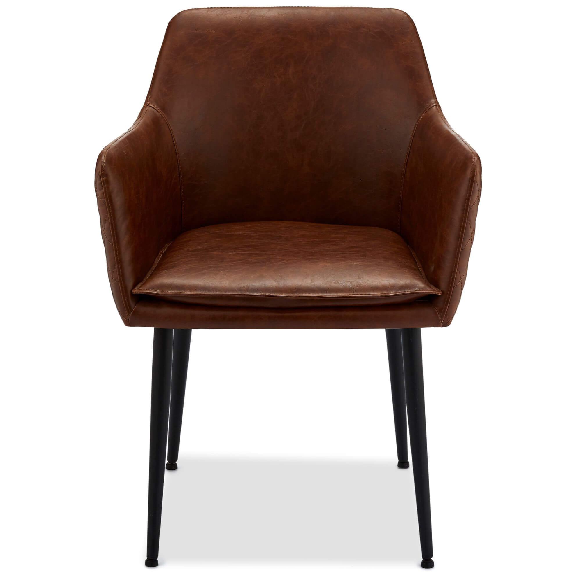 Set of 2 light brown dining chairs with sculpted armrests and decorative diamond stitching, showcasing a blend of retro and modern design.