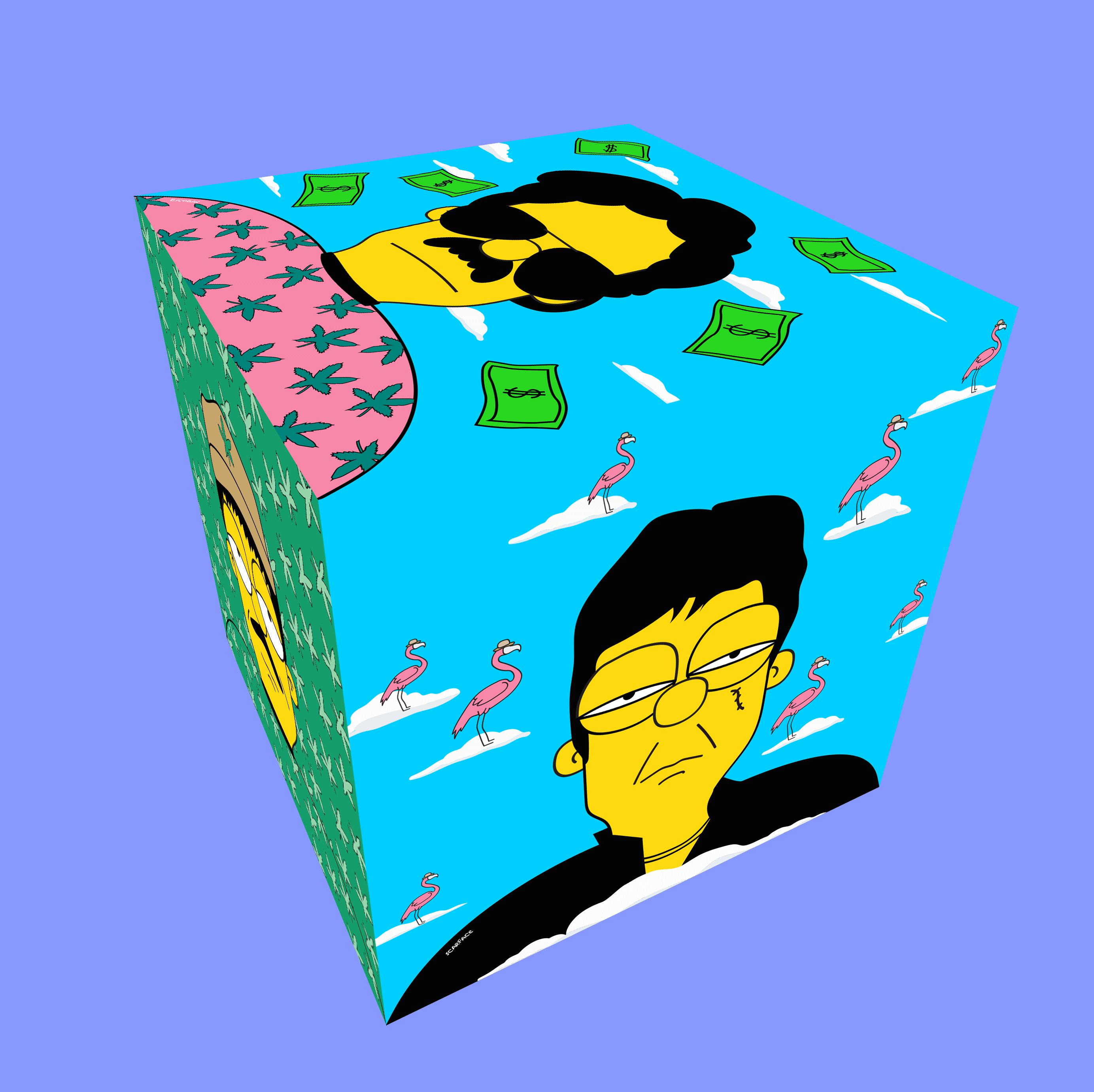 Simpsons Narco Cube Art Table featuring vibrant illustrations of iconic narcos like Escobar and El Chapo, handmade in the USA.