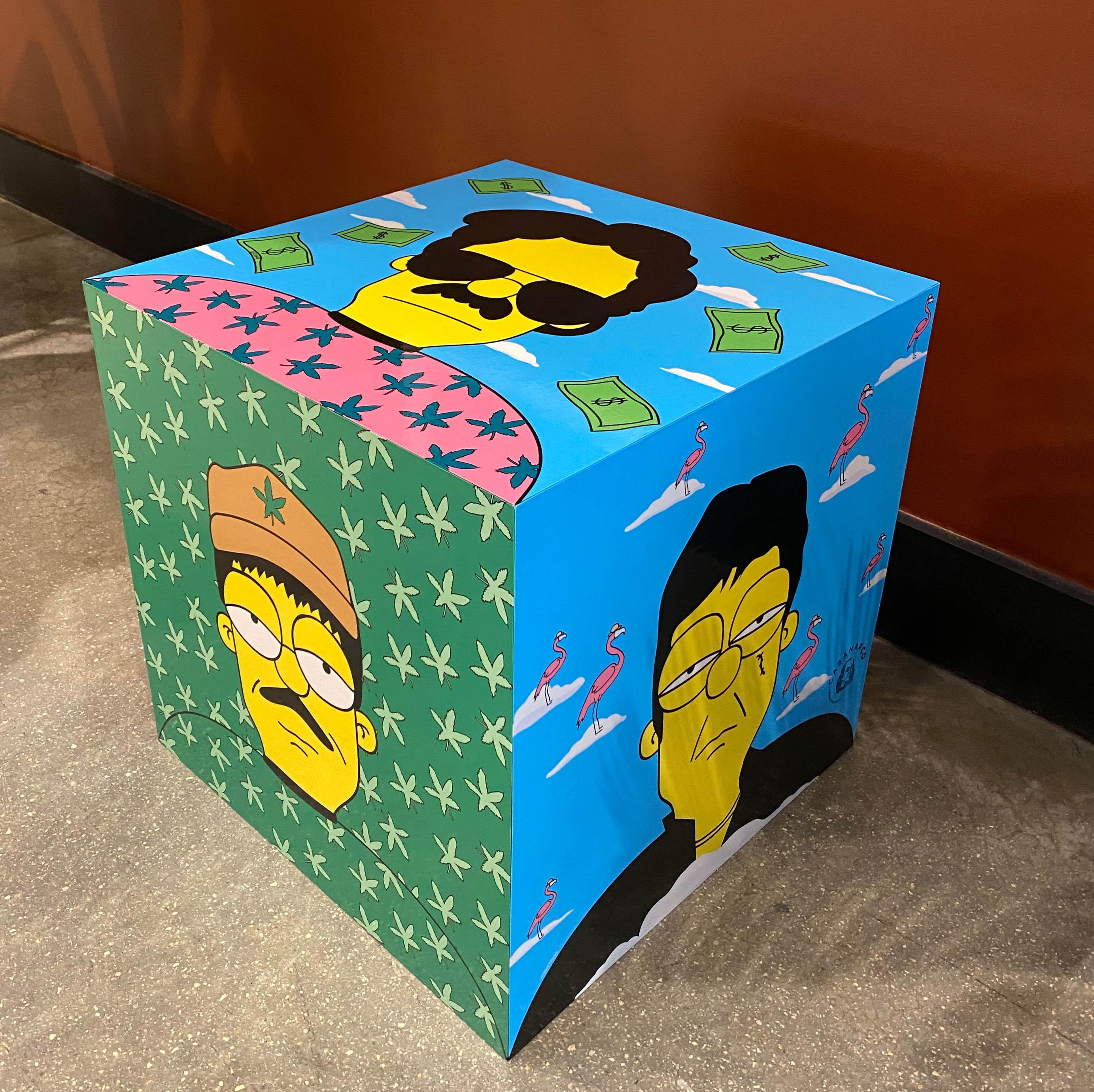 Simpsons Narco Cube Art Table featuring vibrant illustrations of iconic narcos like Escobar and El Chapo, handmade in the USA.