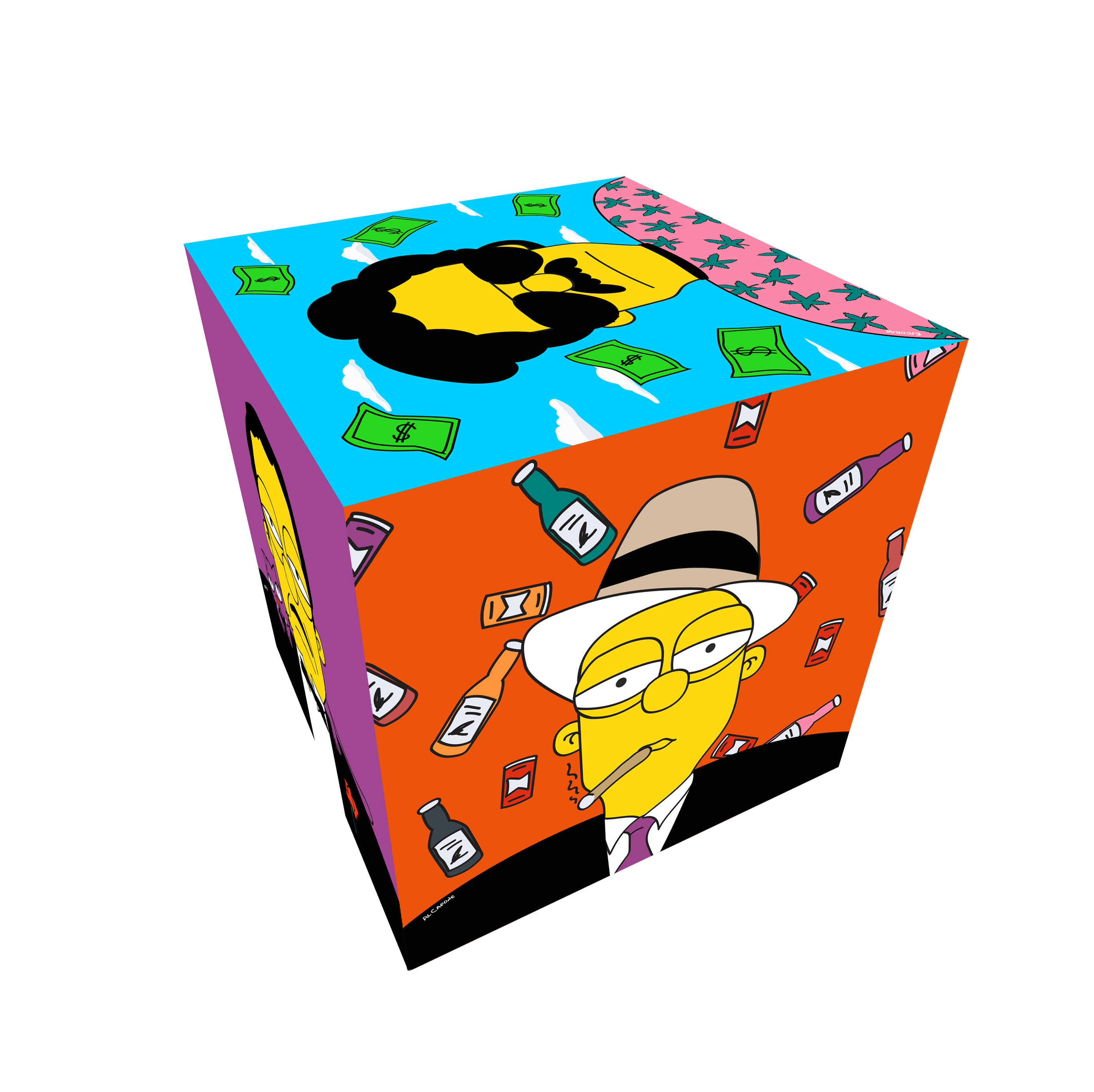Simpsons Narco Cube Art Table featuring vibrant illustrations of iconic narcos like Escobar and El Chapo, handmade in the USA.
