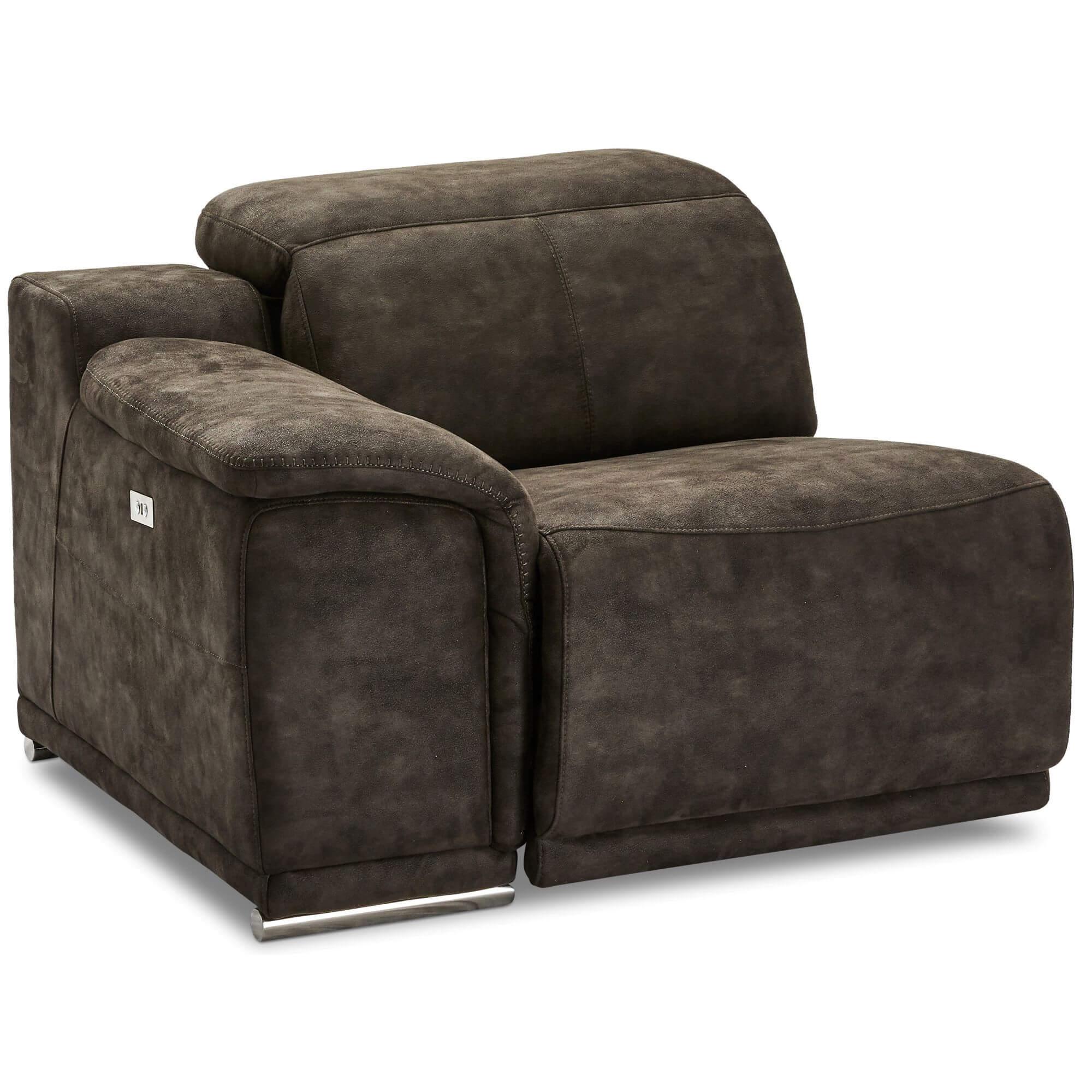 Alexa Brown Left Sofa Module with armrest, showcasing luxurious fabric and reclining feature.