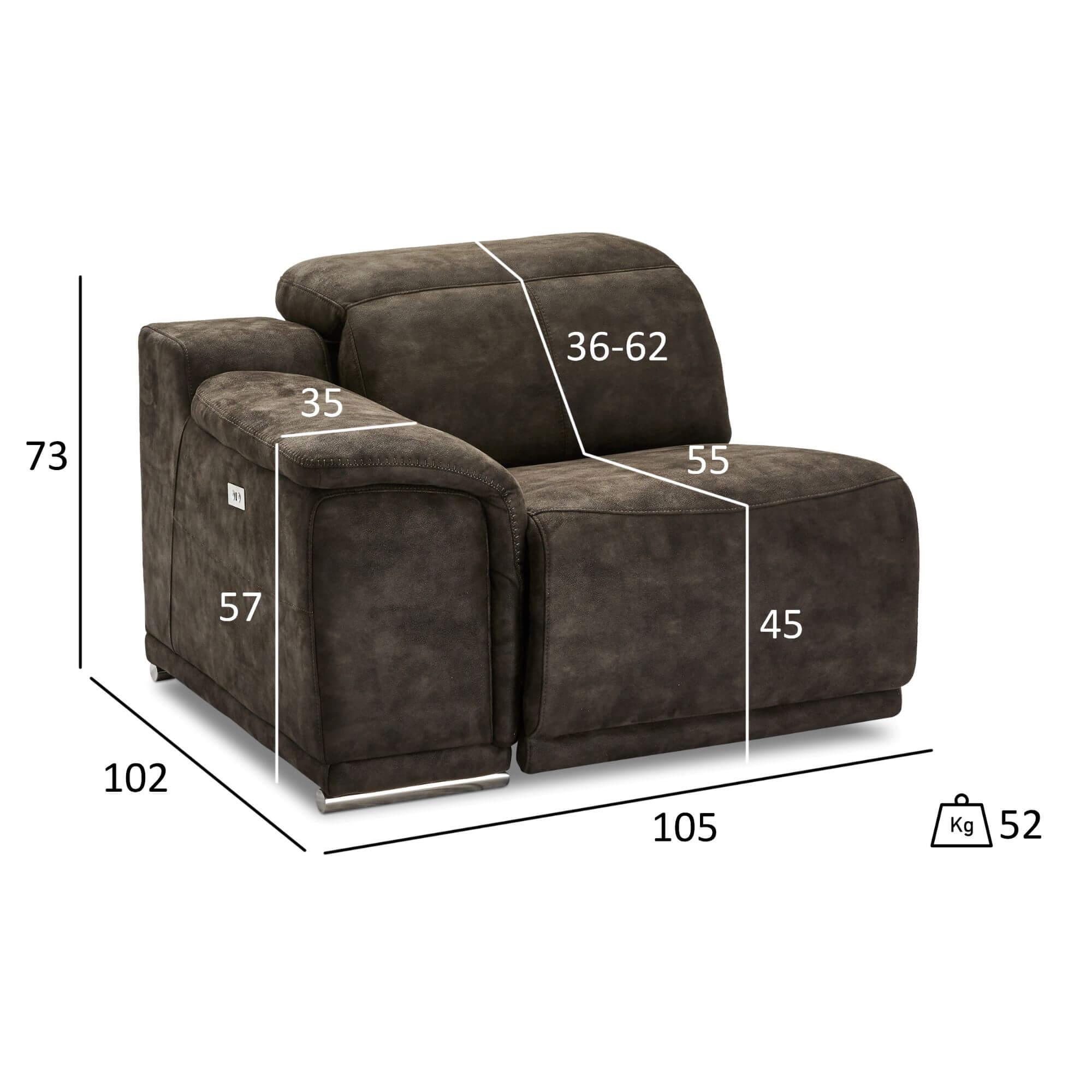 Alexa Brown Left Sofa Module with armrest, showcasing luxurious fabric and reclining feature.