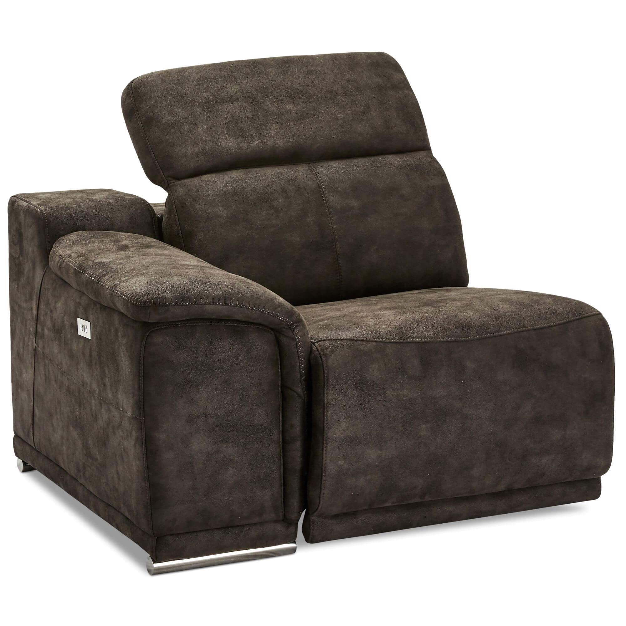 Alexa Brown Left Sofa Module with armrest, showcasing luxurious fabric and reclining feature.