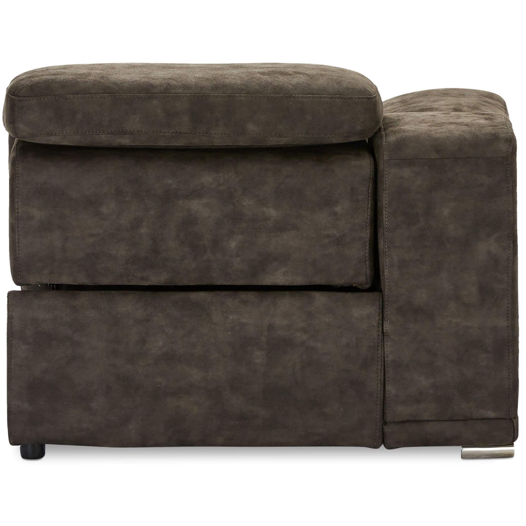 Alexa Brown Left Sofa Module with armrest, showcasing luxurious fabric and reclining feature.