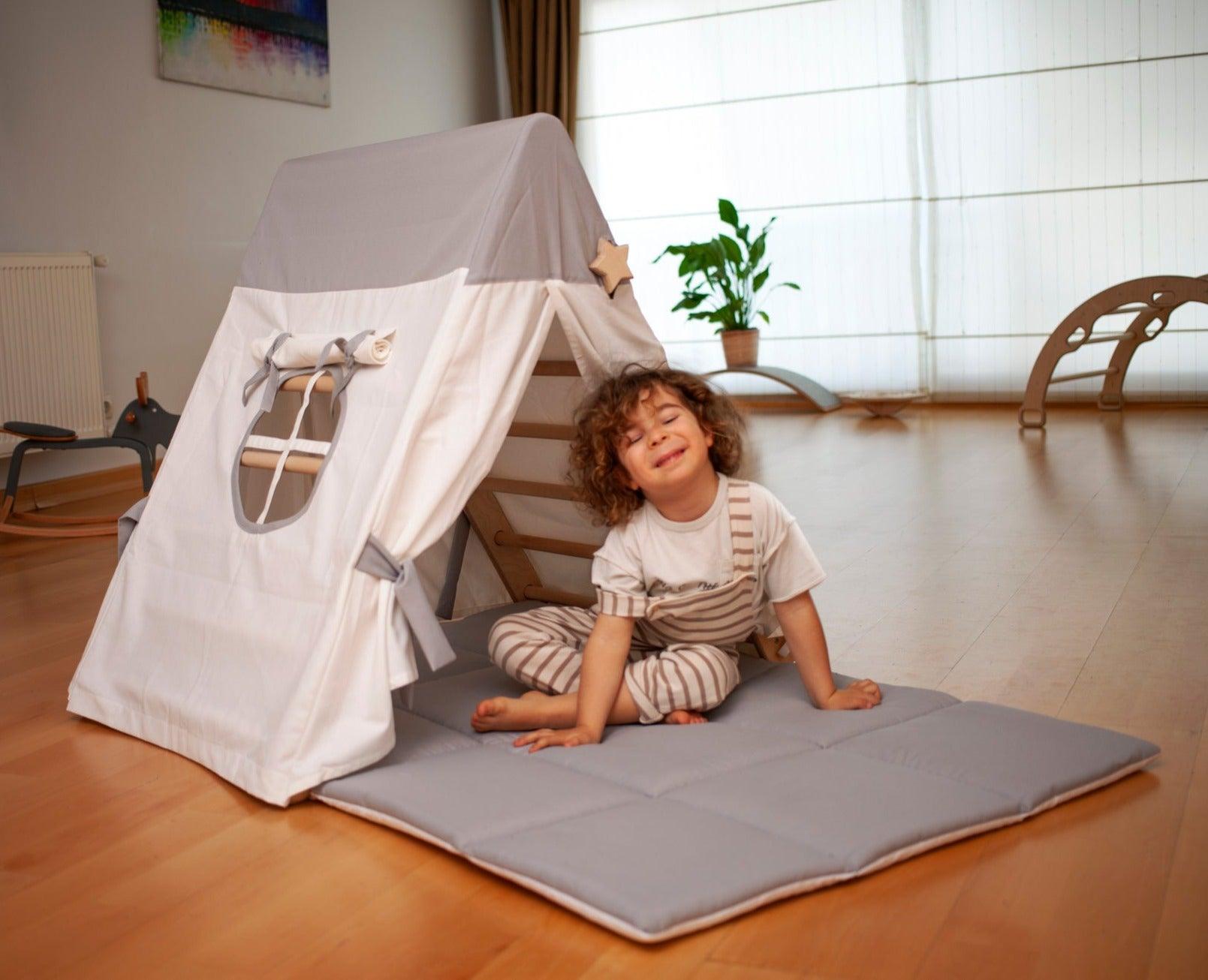 Tent Cover and Mat for Climbing Triangle in three unique designs, made from natural linen-cotton blend fabric, perfect for children's play.