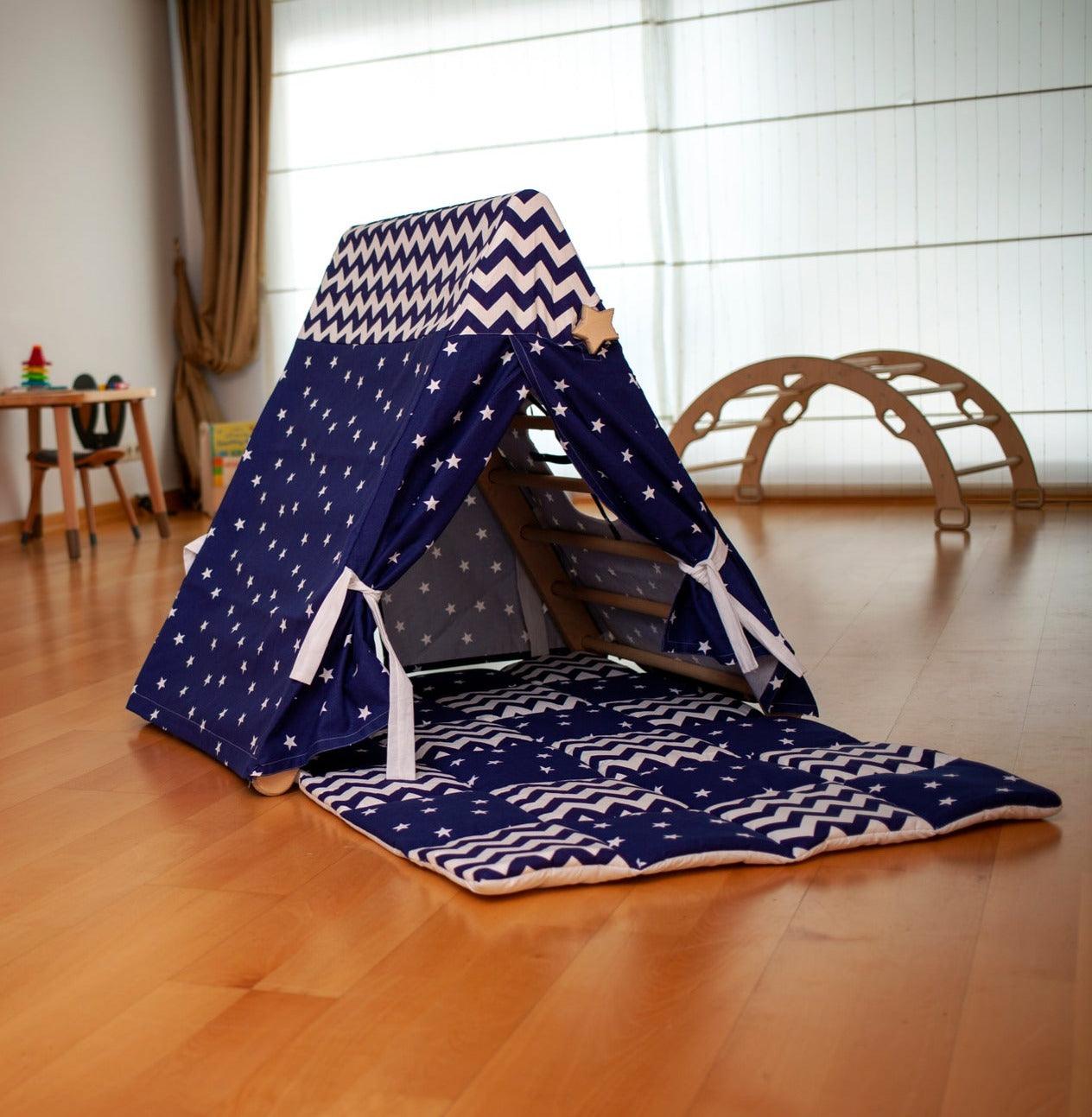 Tent Cover and Mat for Climbing Triangle in three unique designs, made from natural linen-cotton blend fabric, perfect for children's play.