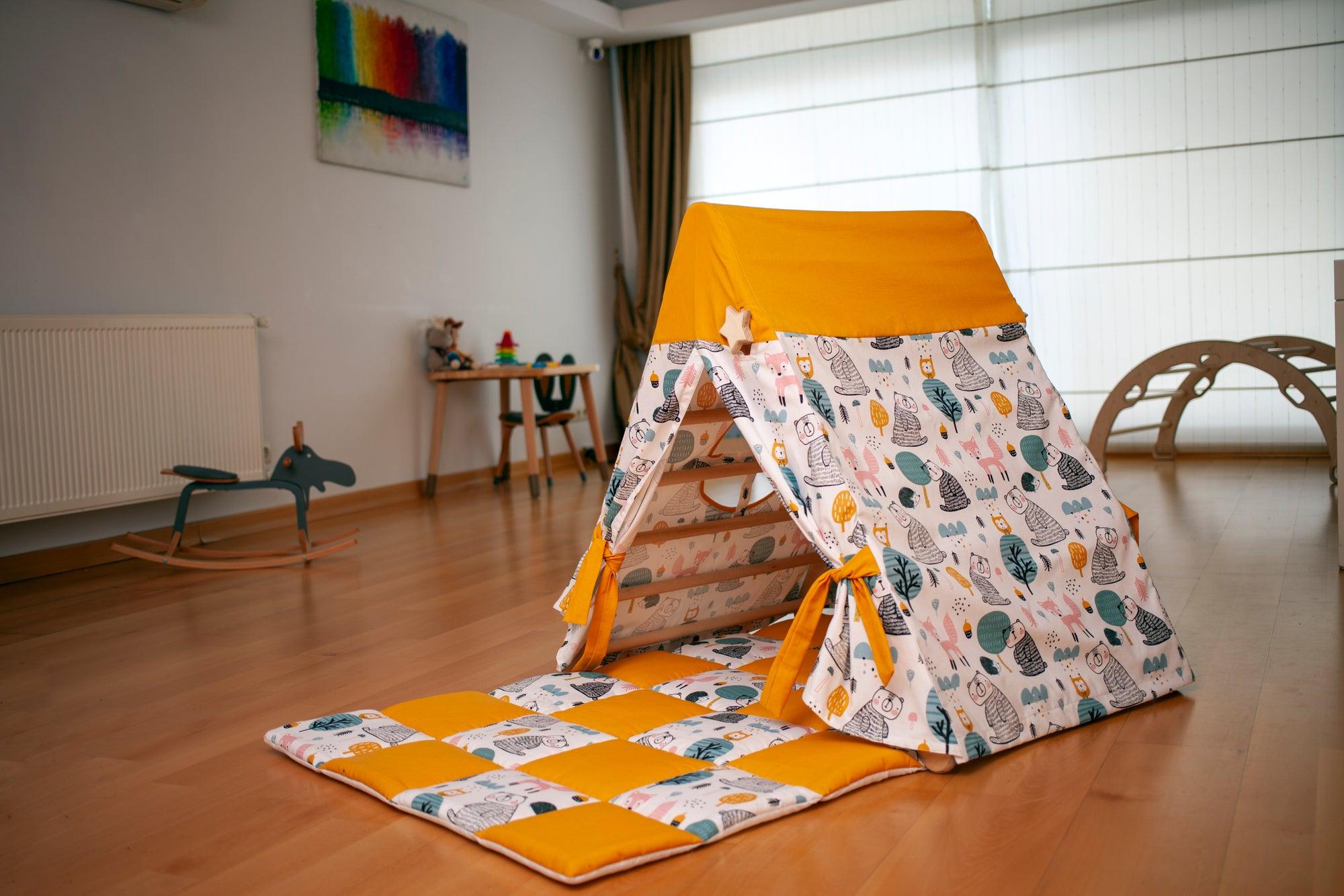Tent Cover and Mat for Climbing Triangle in three unique designs, made from natural linen-cotton blend fabric, perfect for children's play.