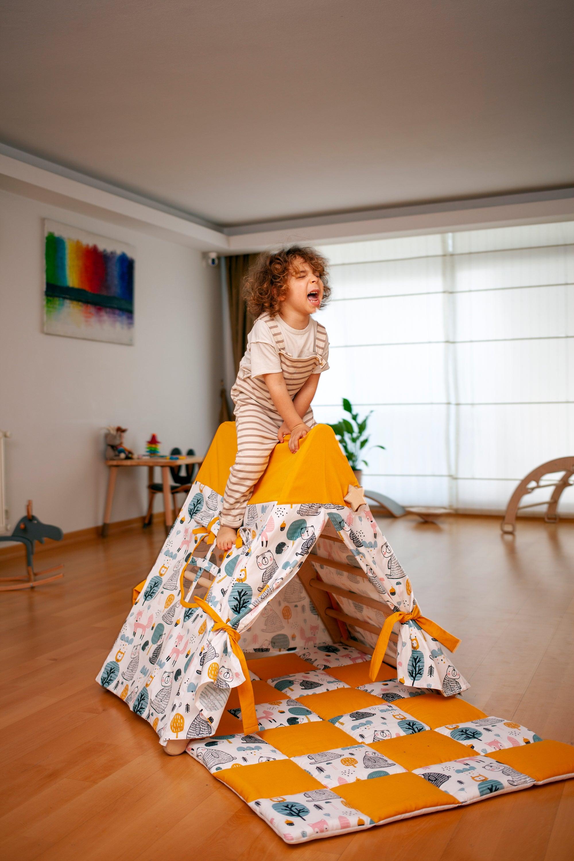 Tent Cover and Mat for Climbing Triangle in three unique designs, made from natural linen-cotton blend fabric, perfect for children's play.