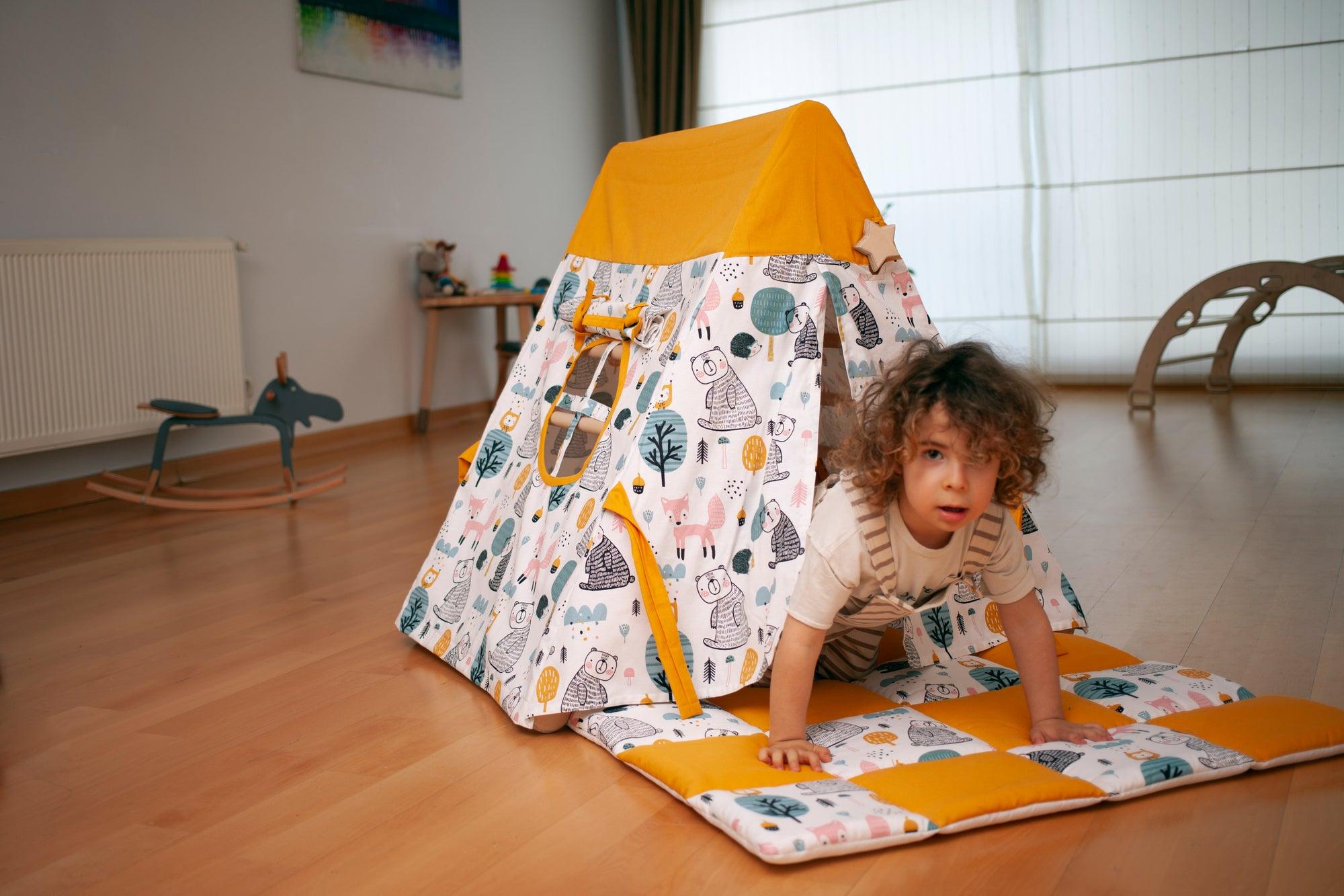 Tent Cover and Mat for Climbing Triangle in three unique designs, made from natural linen-cotton blend fabric, perfect for children's play.