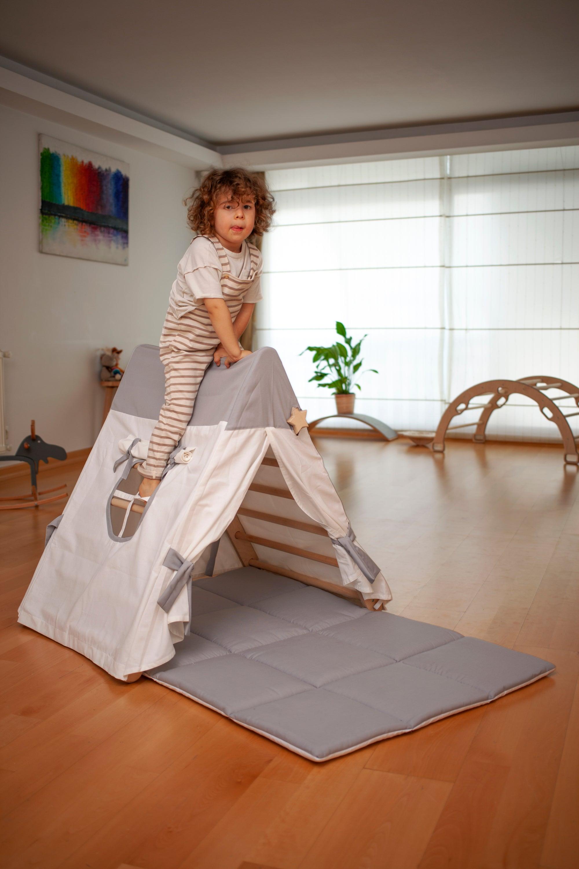 Tent Cover and Mat for Climbing Triangle in three unique designs, made from natural linen-cotton blend fabric, perfect for children's play.