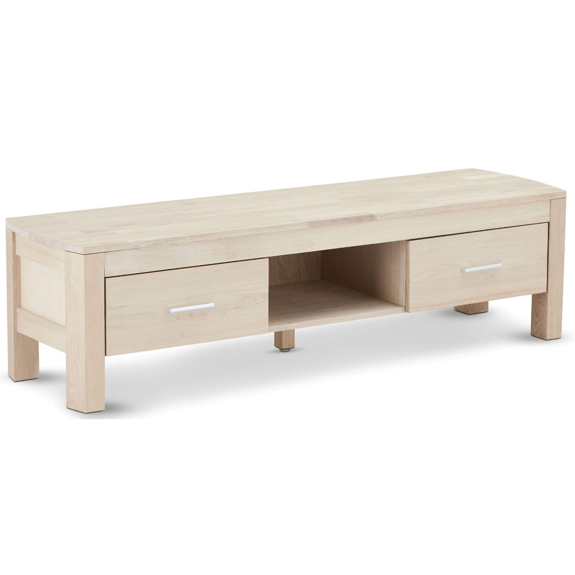 Paris TV Table made of solid oak wood with a white-oil finish, featuring one shelf and two drawers for storage.
