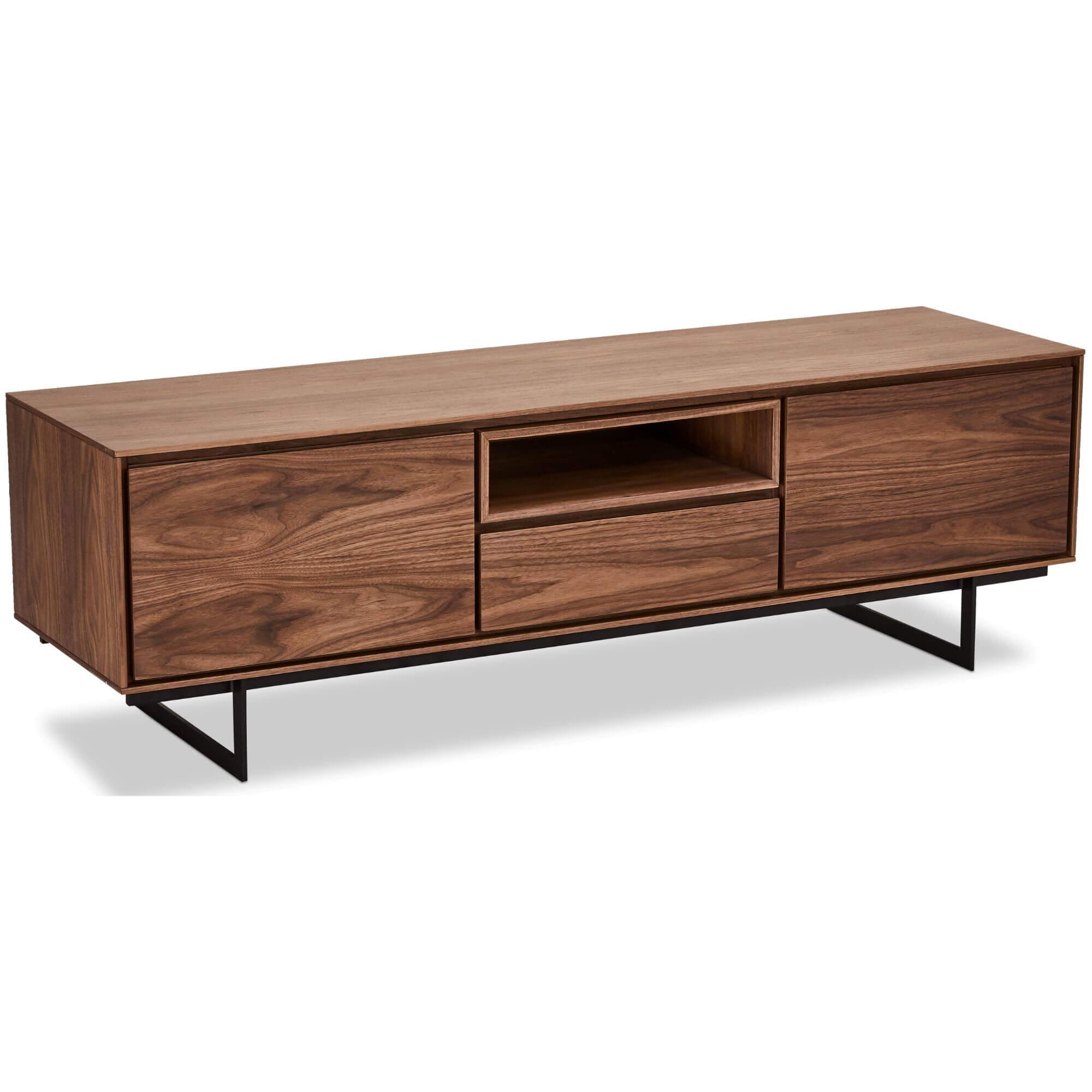 Tokyo Walnut TV Table featuring minimalist design with soft-closing doors and drawer, crafted from American walnut veneer.