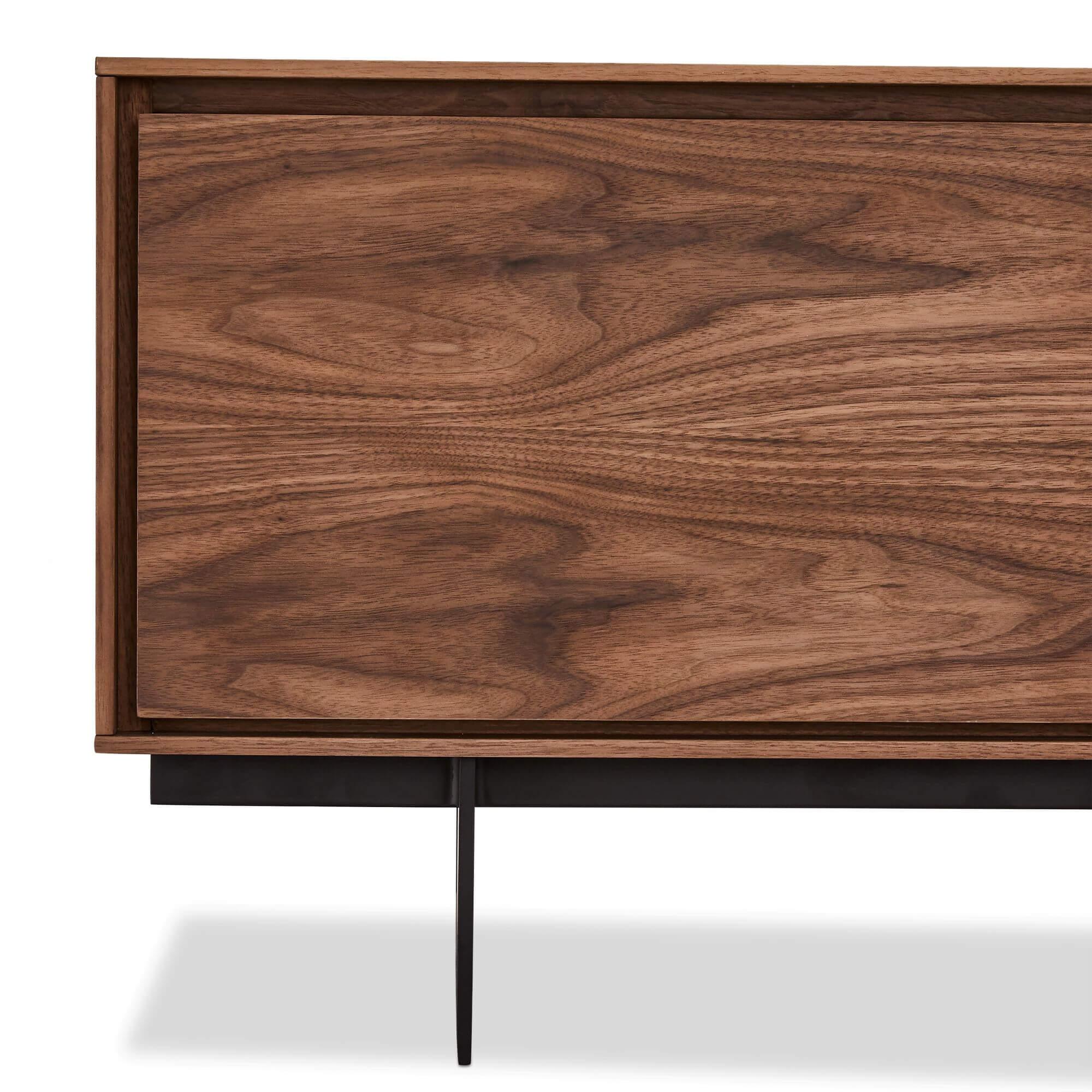 Tokyo Walnut TV Table featuring minimalist design with soft-closing doors and drawer, crafted from American walnut veneer.