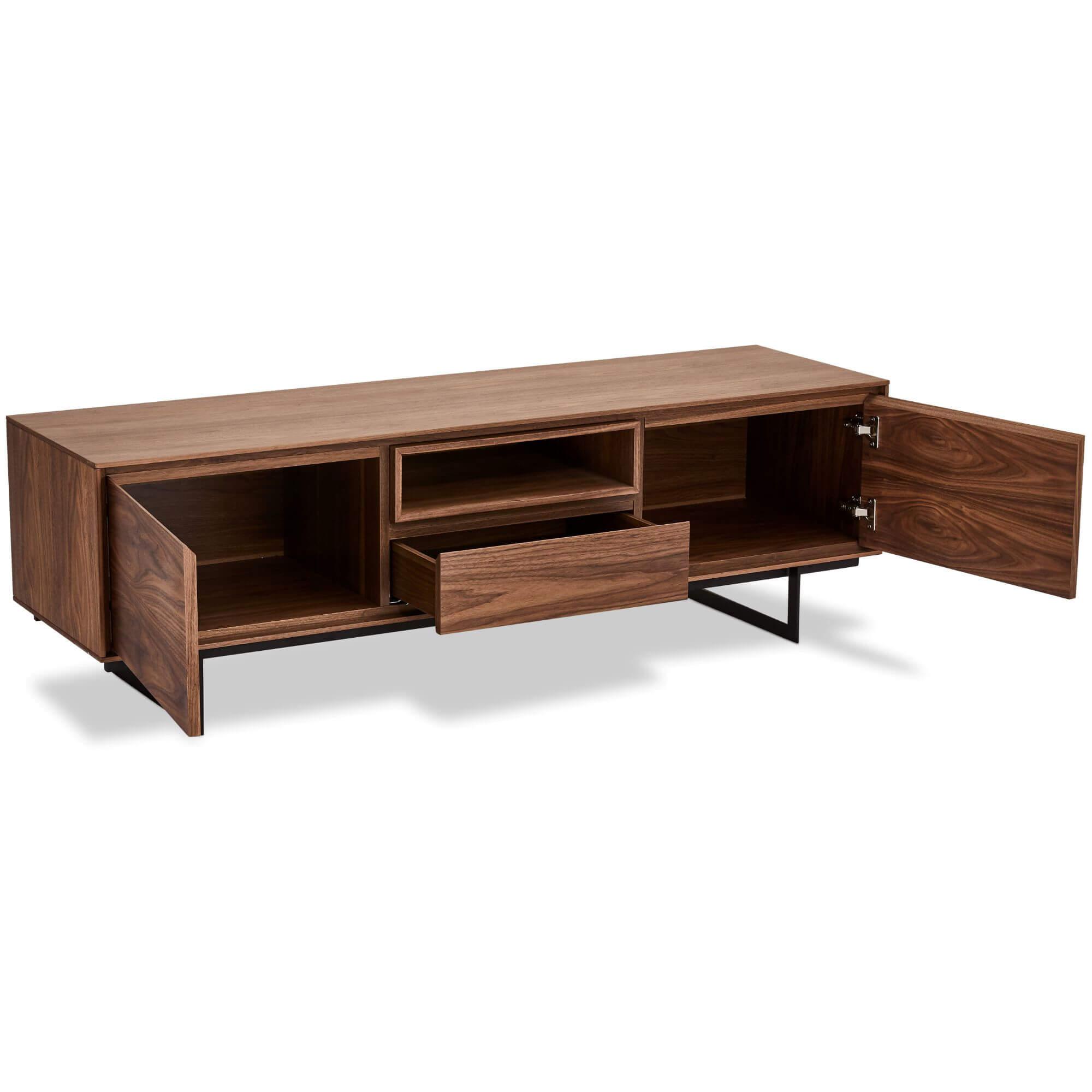 Tokyo Walnut TV Table featuring minimalist design with soft-closing doors and drawer, crafted from American walnut veneer.