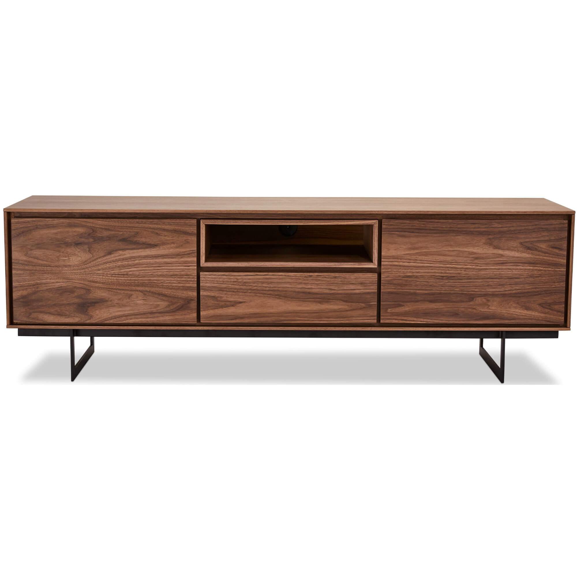 Tokyo Walnut TV Table featuring minimalist design with soft-closing doors and drawer, crafted from American walnut veneer.