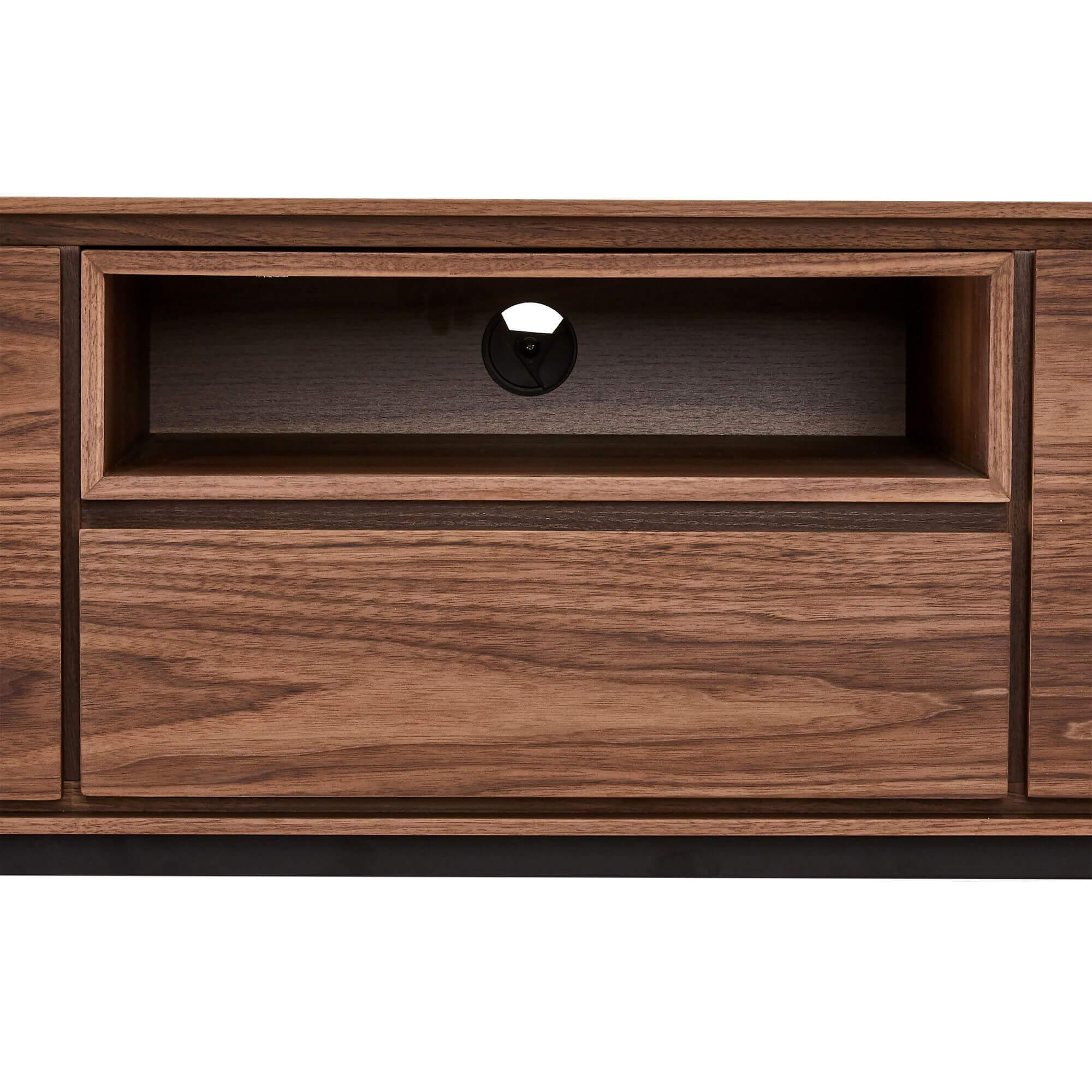 Tokyo Walnut TV Table featuring minimalist design with soft-closing doors and drawer, crafted from American walnut veneer.