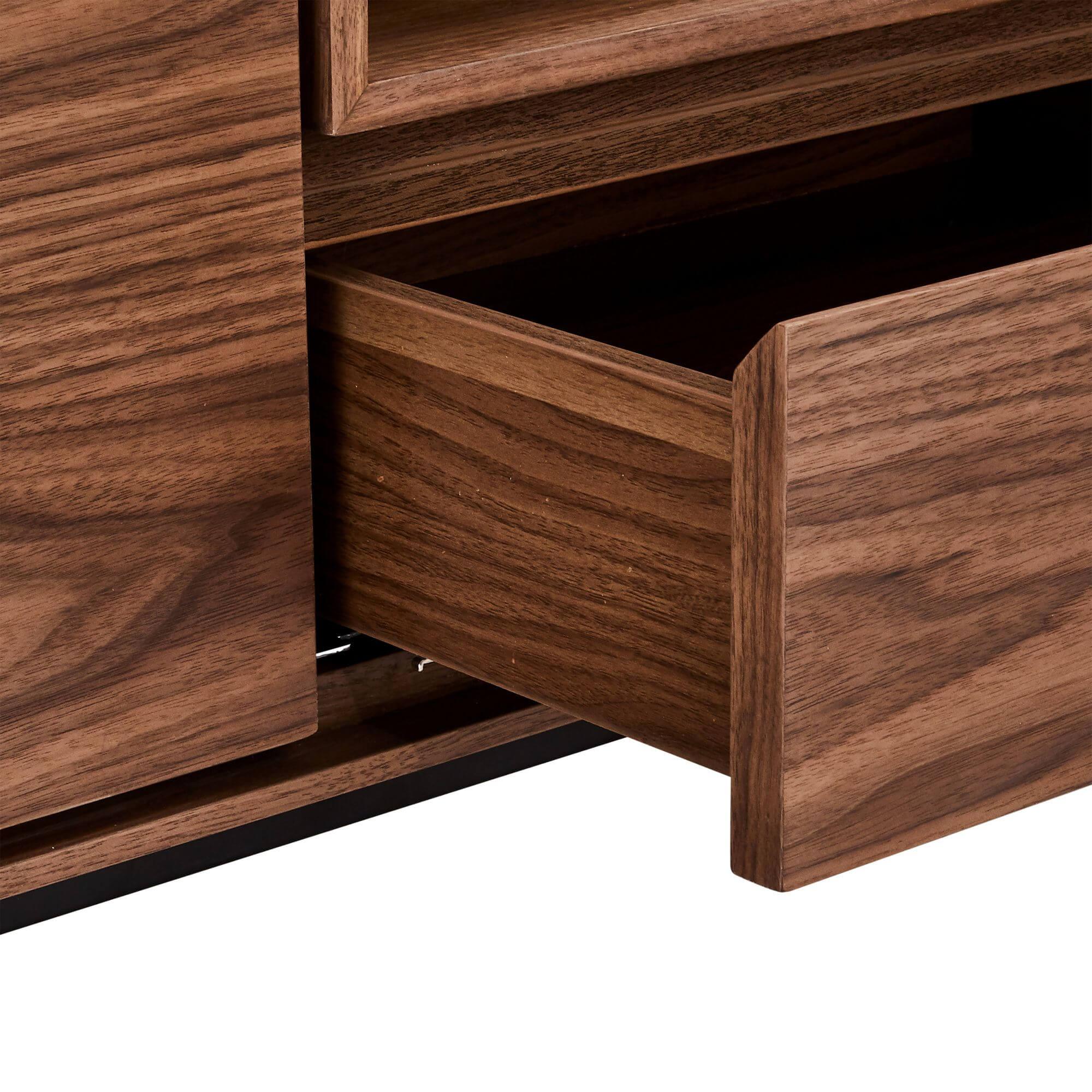 Tokyo Walnut TV Table featuring minimalist design with soft-closing doors and drawer, crafted from American walnut veneer.