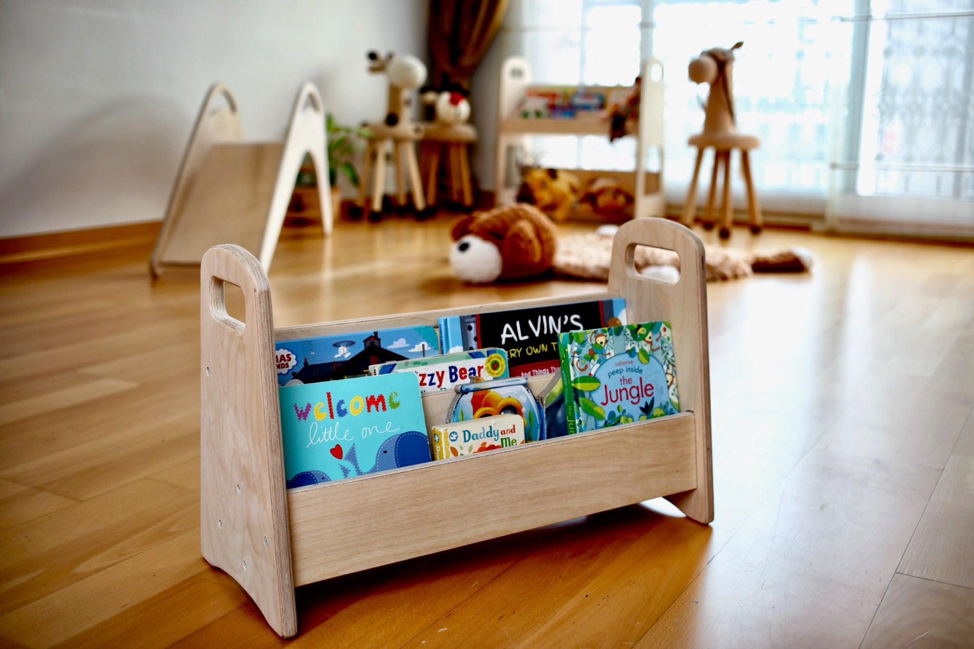 A small wooden bookshelf designed for children, featuring colorful books and a sturdy construction, perfect for encouraging reading and imagination.