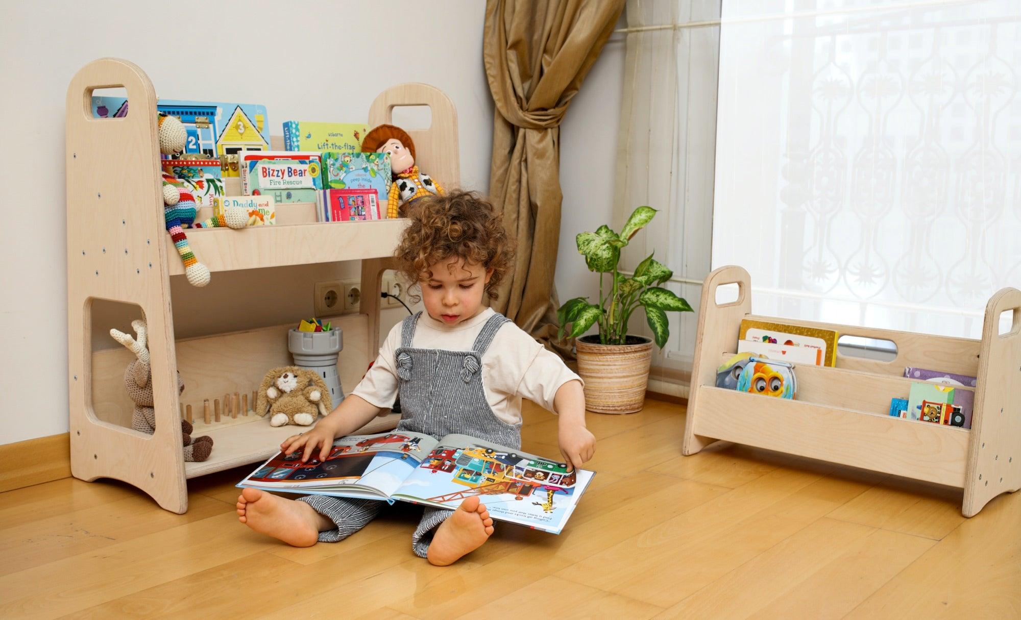 A small wooden bookshelf designed for children, featuring colorful books and a sturdy construction, perfect for encouraging reading and imagination.