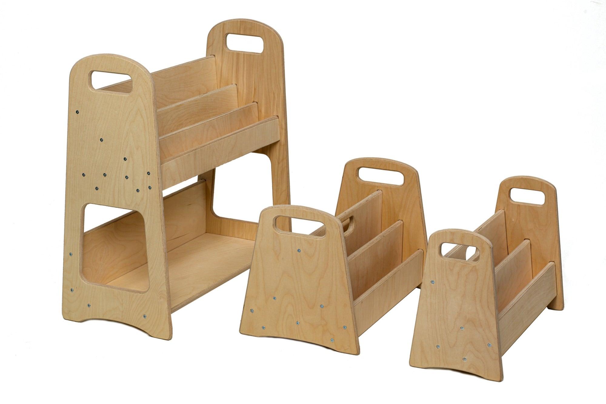 A small wooden bookshelf designed for children, featuring colorful books and a sturdy construction, perfect for encouraging reading and imagination.