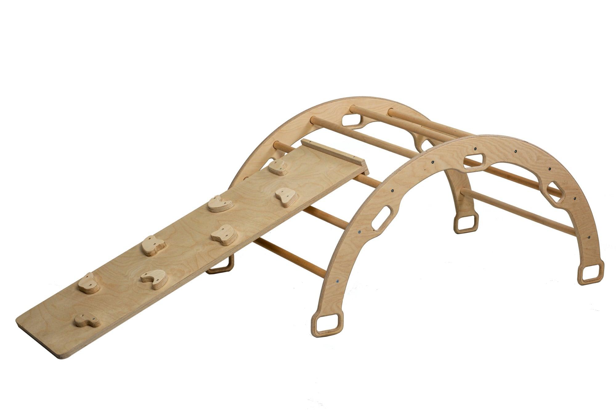 Wooden Climbing Arch Rocker with Ramps designed for toddlers, featuring a natural wood finish and sturdy construction for safe play.