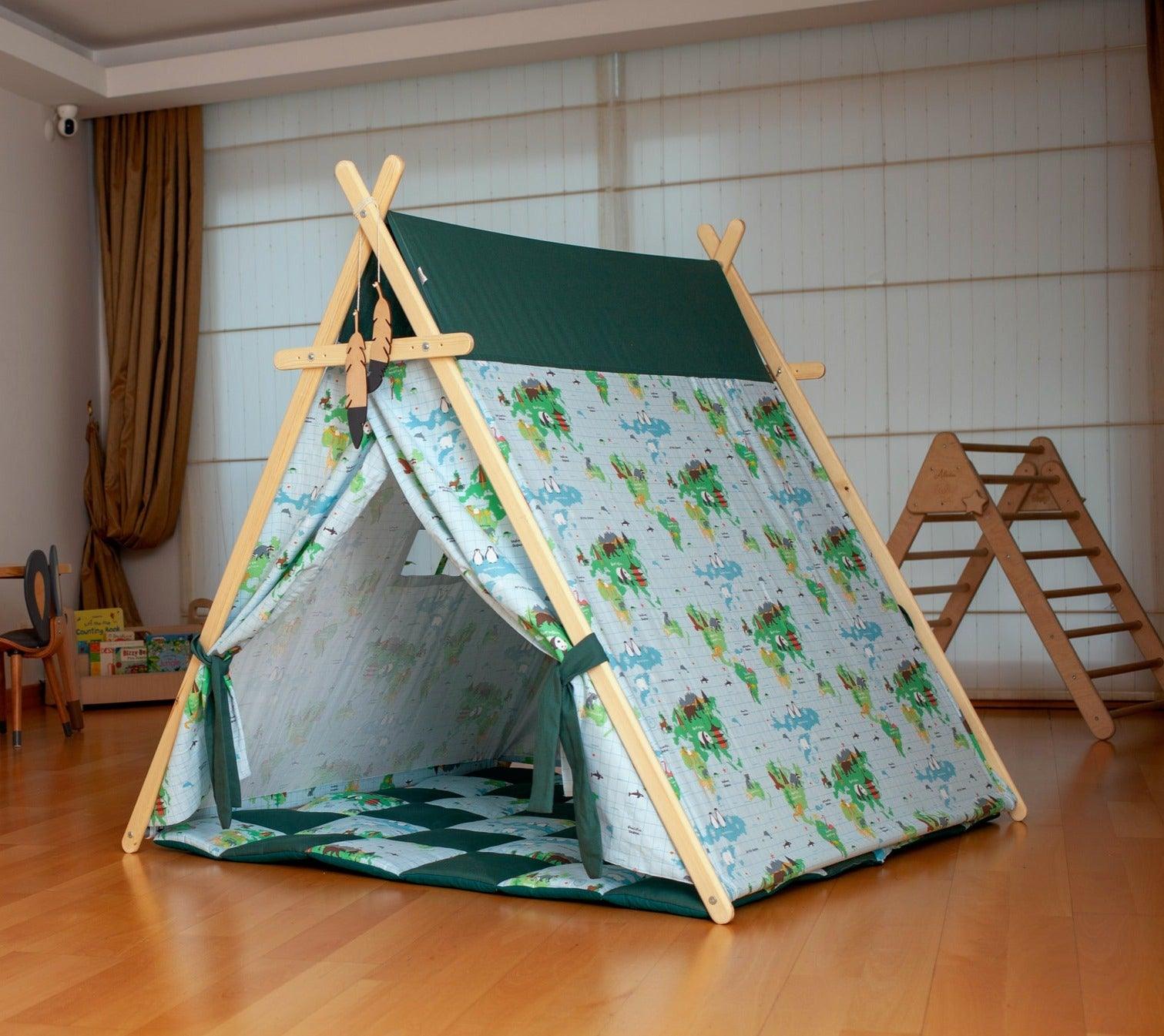 Colorful World Map Play Tent with wooden poles and star lights, perfect for children's imaginative play.