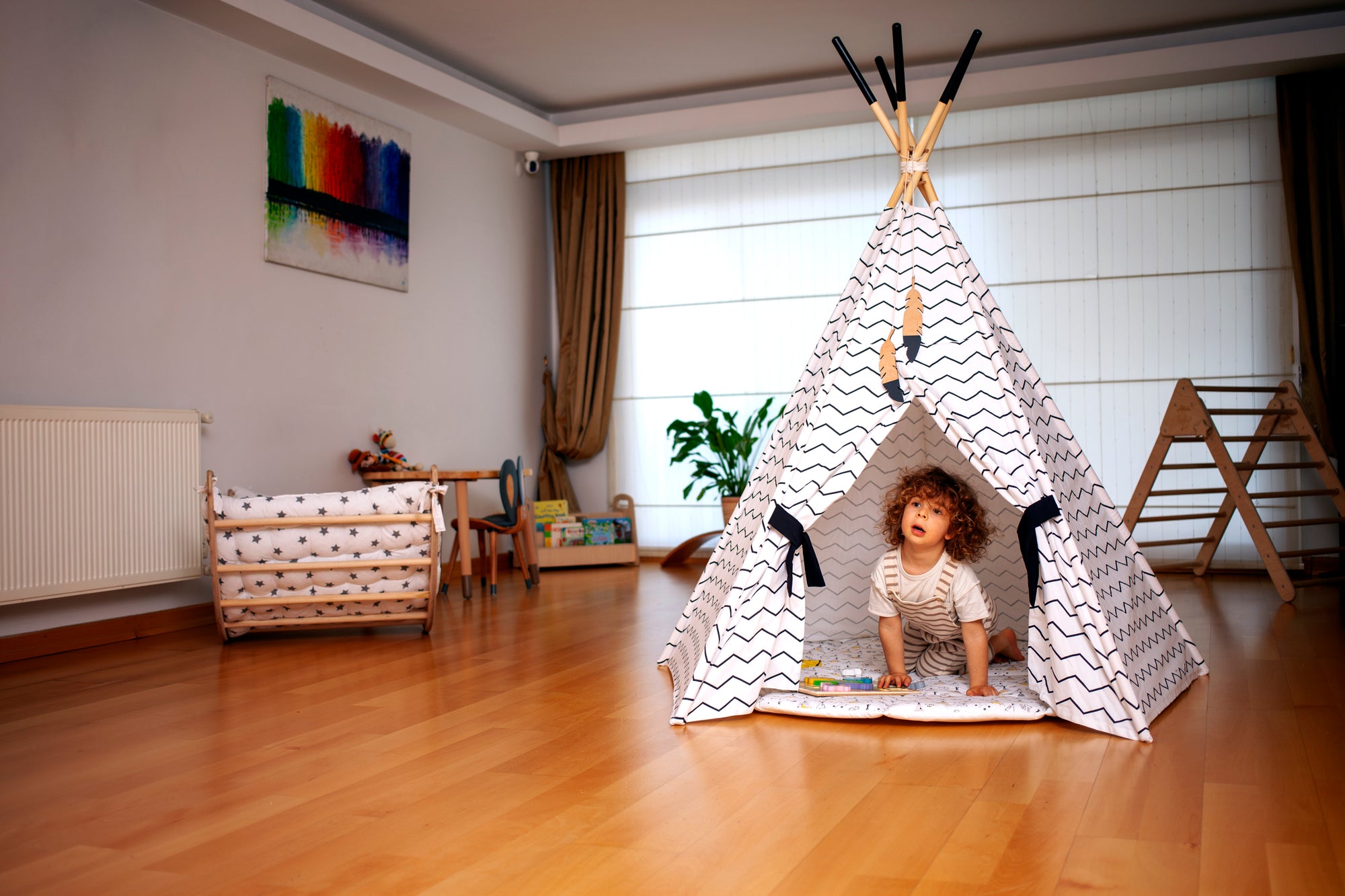 XL Teepee Tent and Play Mat Set featuring a natural pine structure and soft linen-cotton fabric, perfect for toddlers to play and relax.