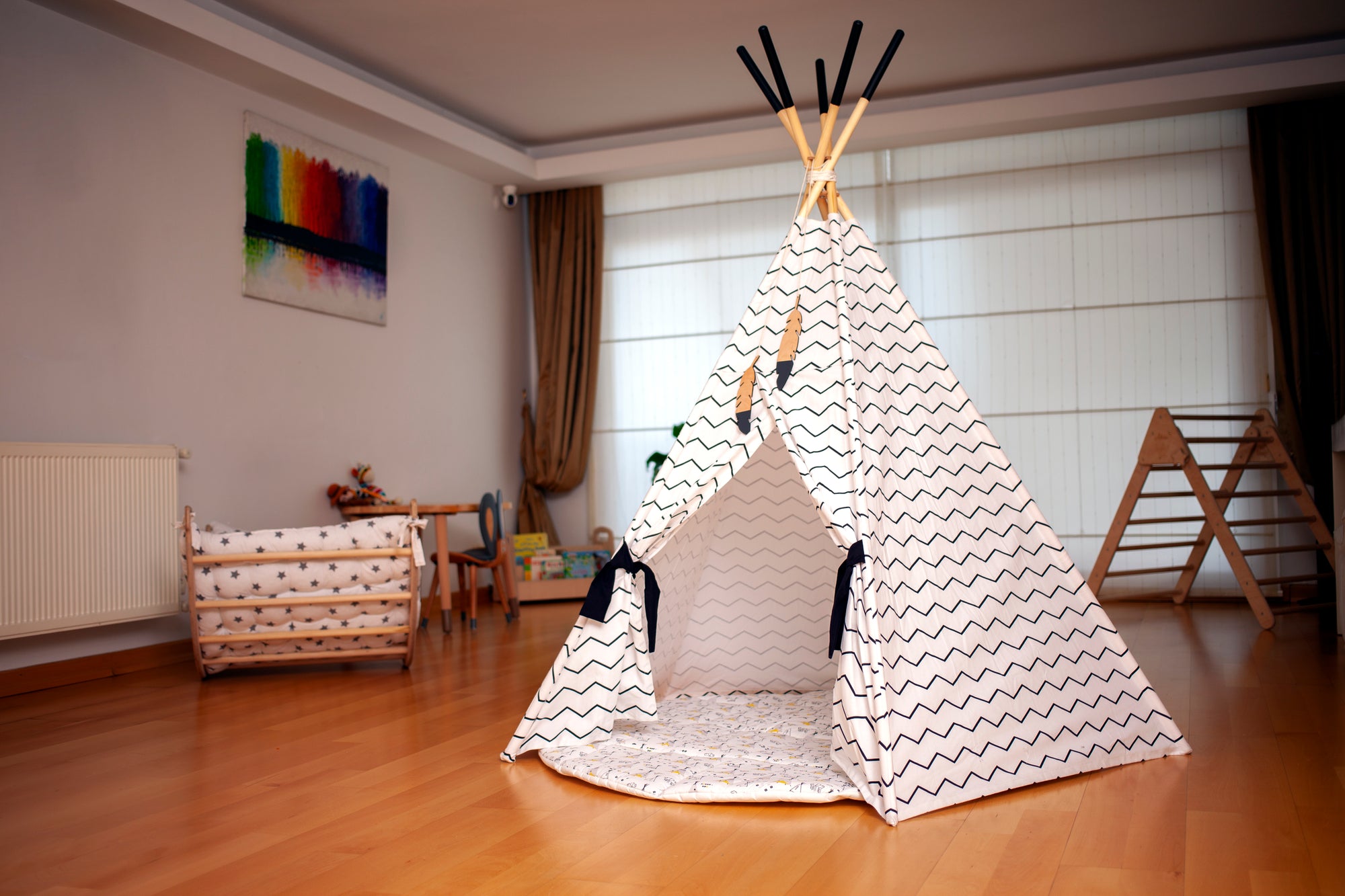 XL Teepee Tent and Play Mat Set featuring a natural pine structure and soft linen-cotton fabric, perfect for toddlers to play and relax.