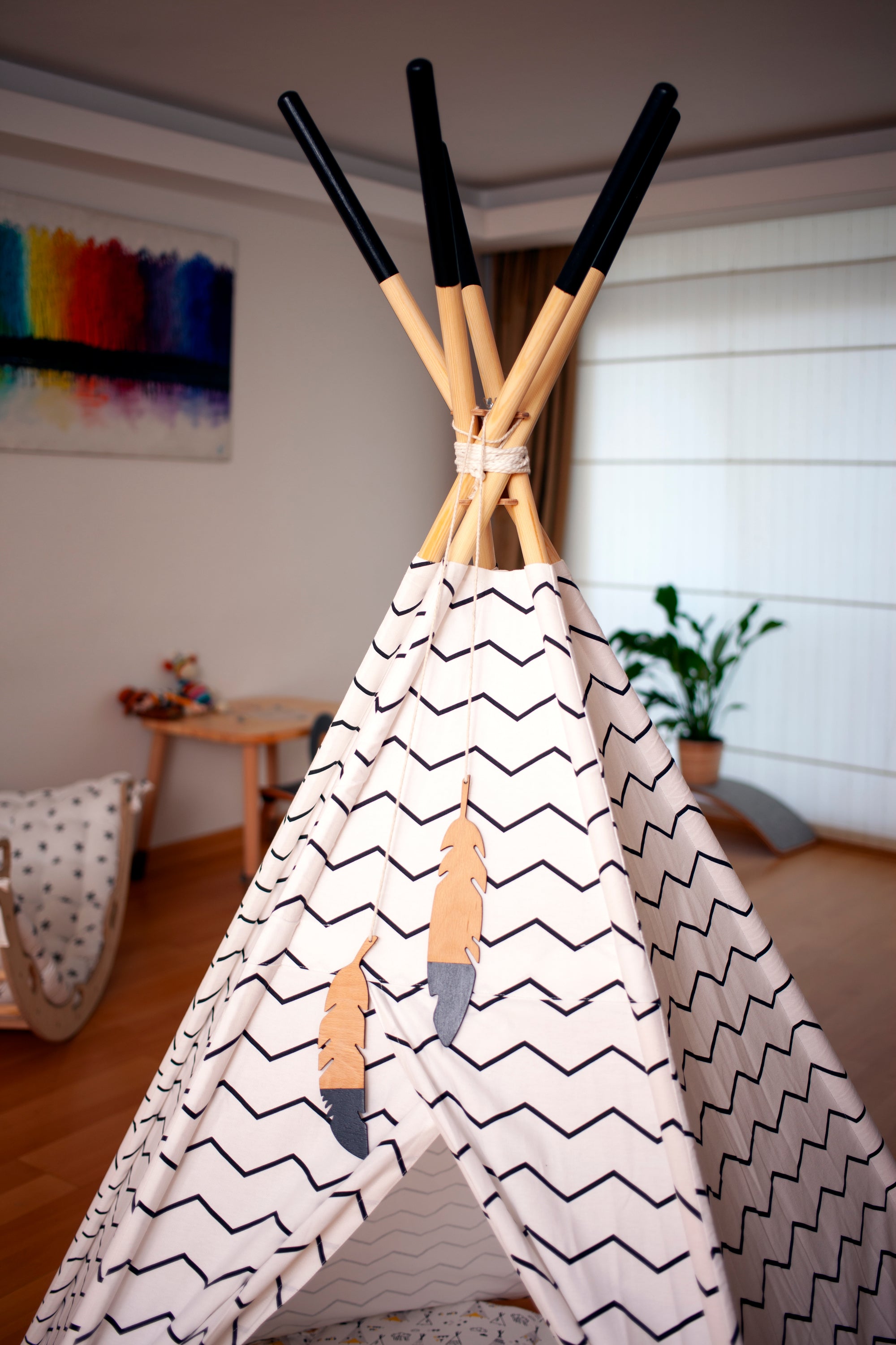 XL Teepee Tent and Play Mat Set featuring a natural pine structure and soft linen-cotton fabric, perfect for toddlers to play and relax.