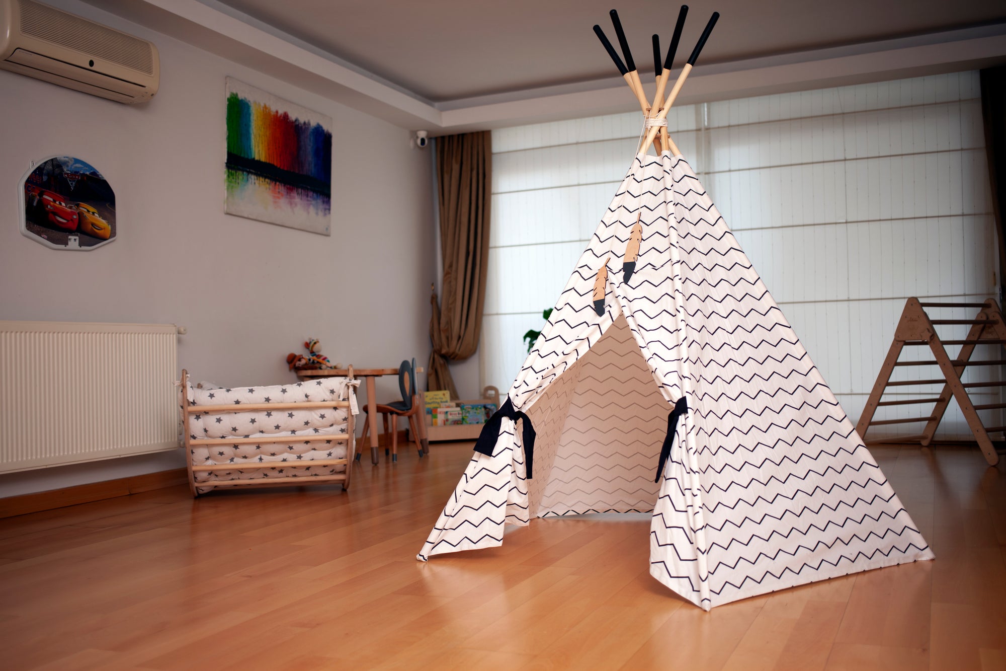 XL Teepee Tent and Play Mat Set featuring a natural pine structure and soft linen-cotton fabric, perfect for toddlers to play and relax.