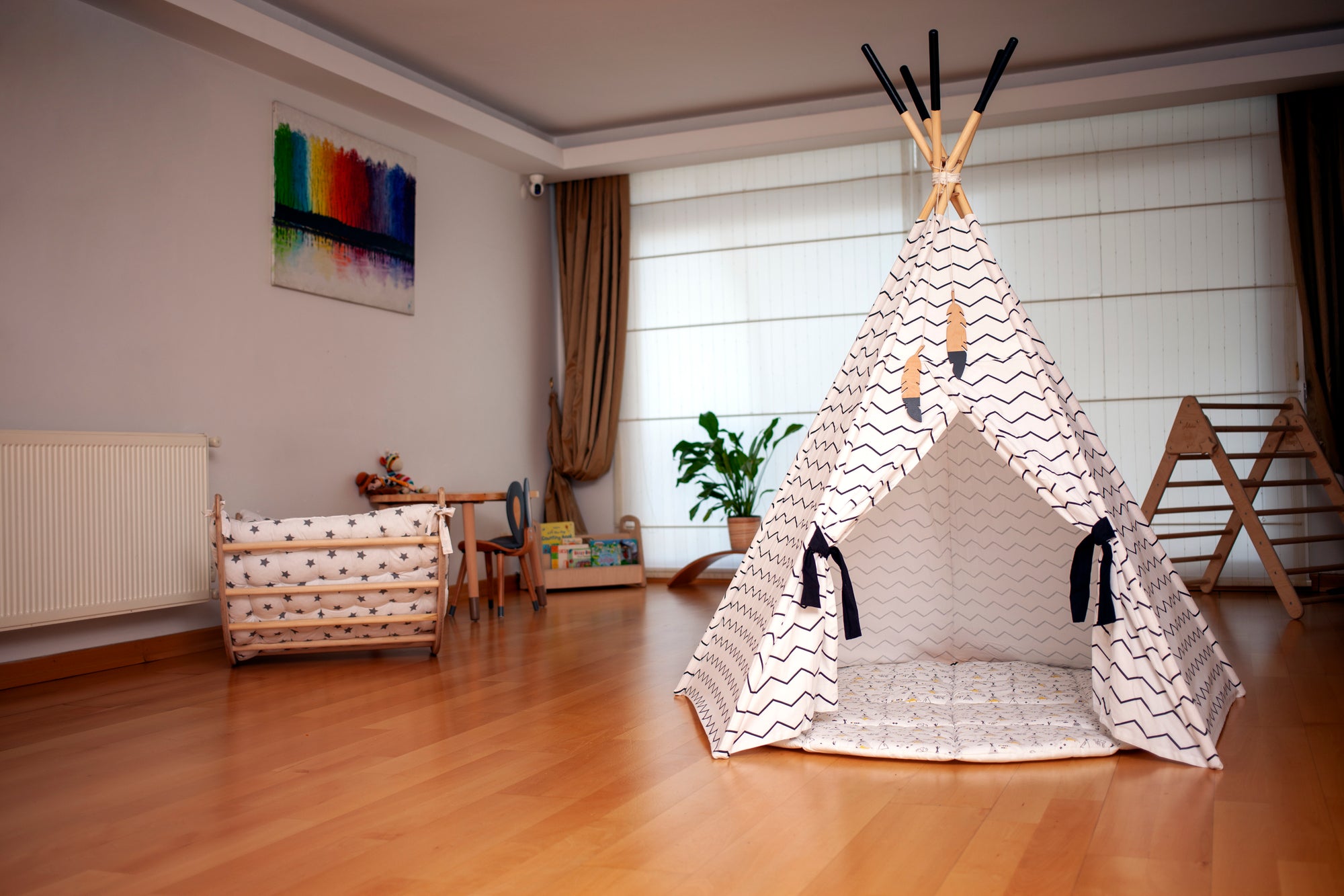 XL Teepee Tent and Play Mat Set featuring a natural pine structure and soft linen-cotton fabric, perfect for toddlers to play and relax.