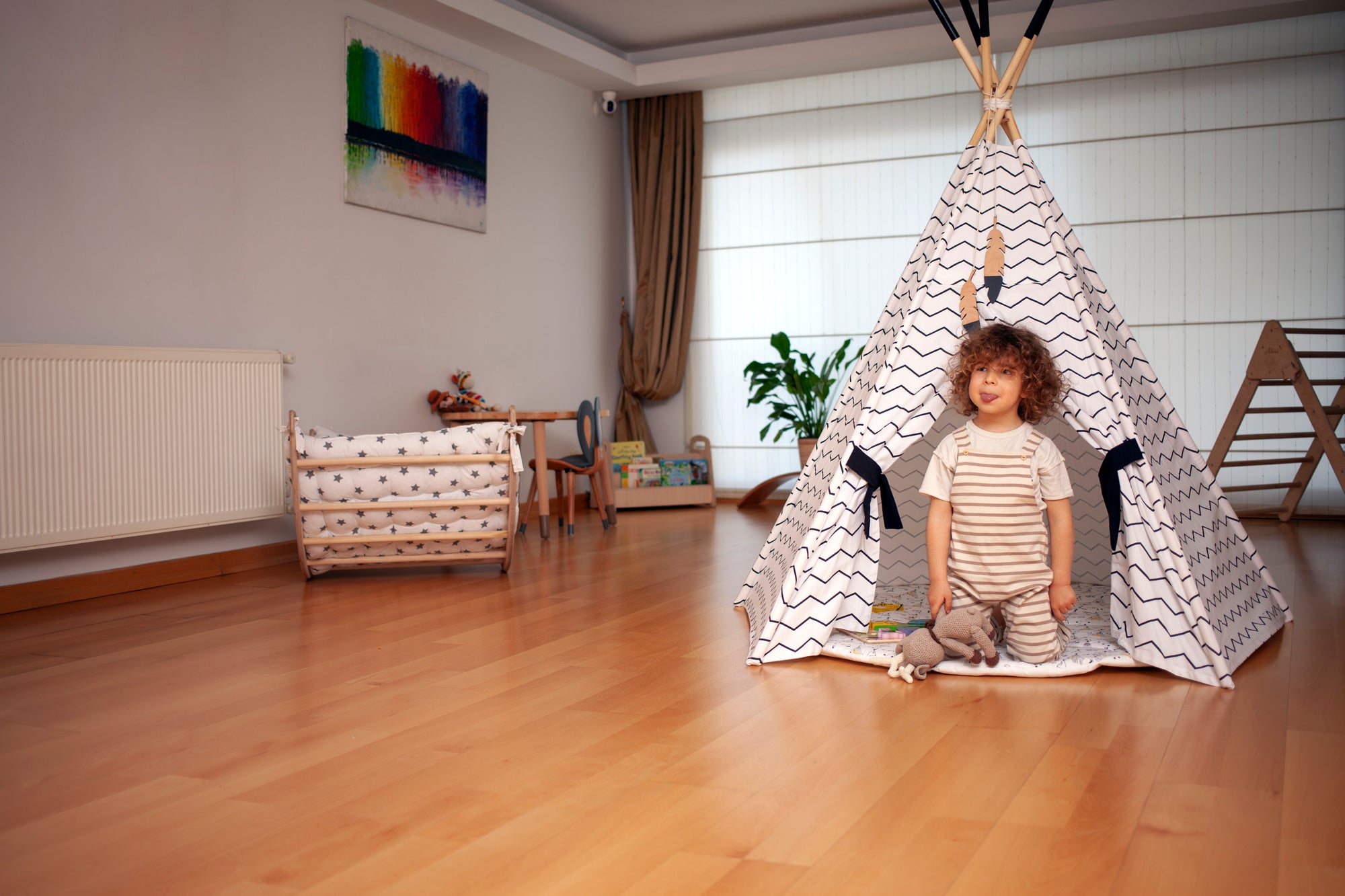XL Teepee Tent and Play Mat Set featuring a natural pine structure and soft linen-cotton fabric, perfect for toddlers to play and relax.