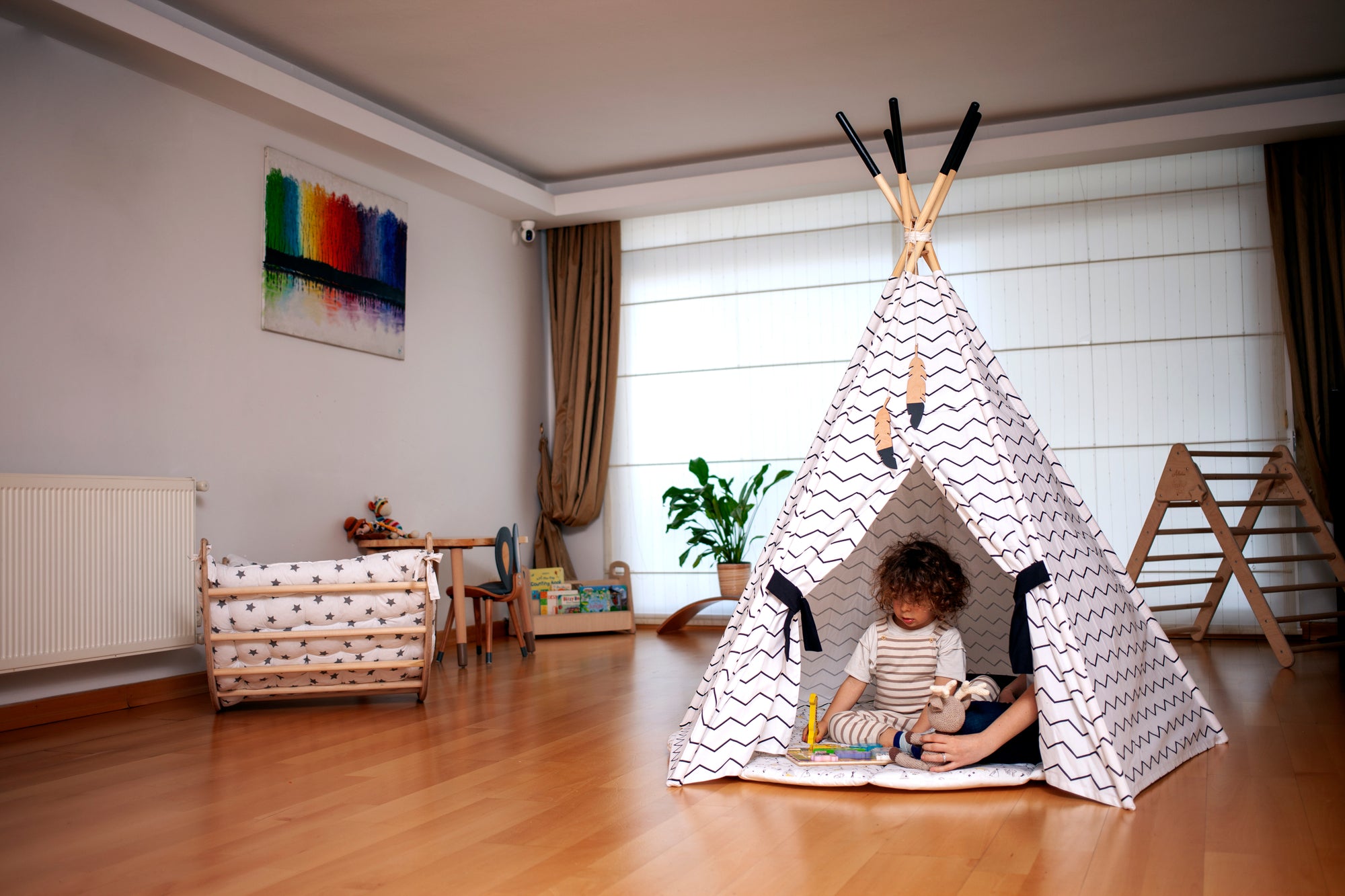XL Teepee Tent and Play Mat Set featuring a natural pine structure and soft linen-cotton fabric, perfect for toddlers to play and relax.