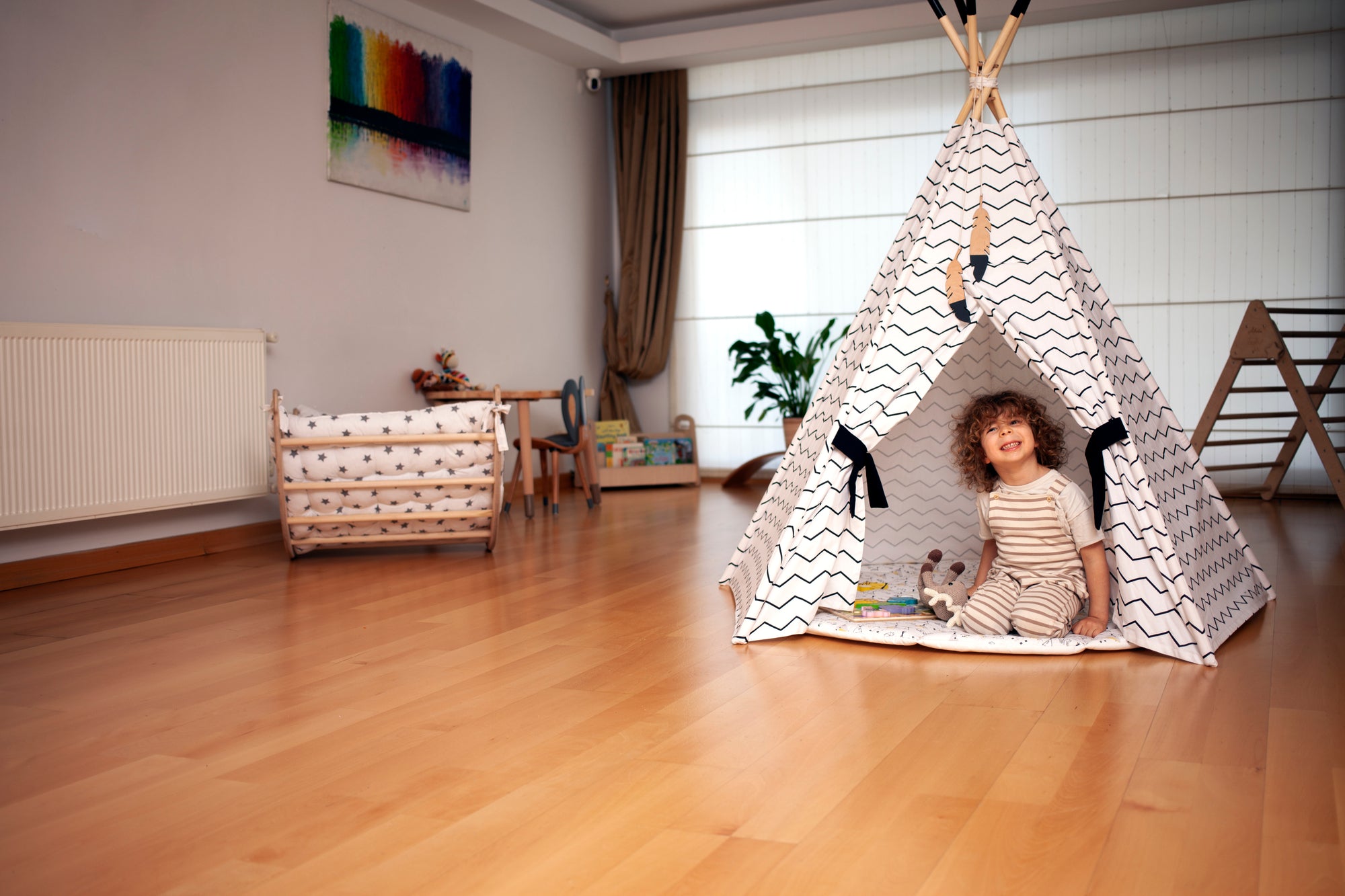XL Teepee Tent and Play Mat Set featuring a natural pine structure and soft linen-cotton fabric, perfect for toddlers to play and relax.