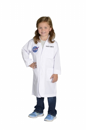 Child in scientist costume smiling.