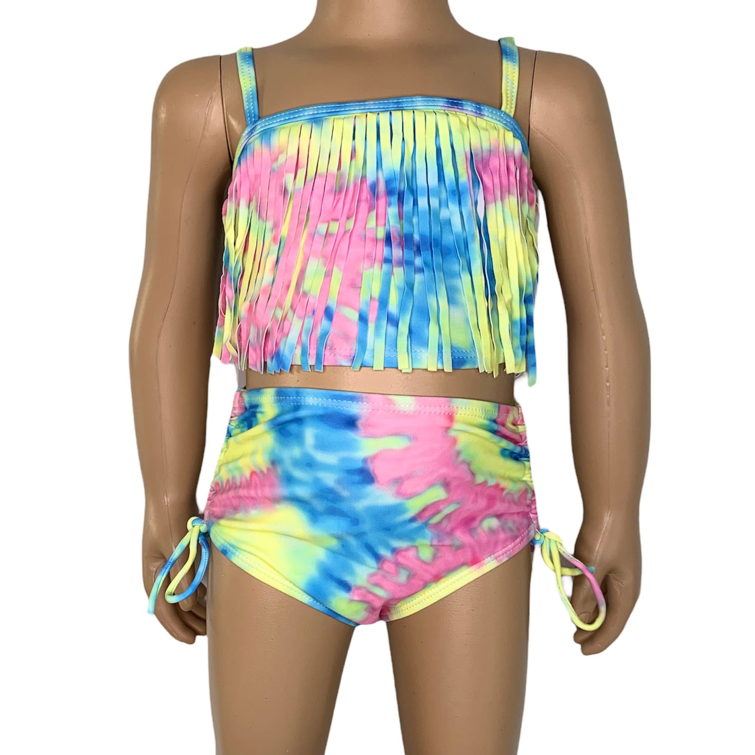 AL Limited Girls 2 piece Pastel Tie Dye Tankini Swimsuit featuring a colorful tie dye pattern and fringe details.