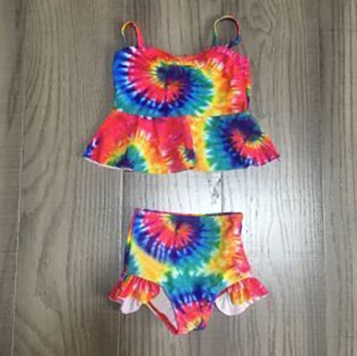AL Limited Girls 2 piece Ruffle Tie Dye Tankini Swimsuit featuring a colorful tie dye pattern and ruffle details, perfect for summer fun.