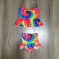 AL Limited Girls 2 piece Ruffle Tie Dye Tankini Swimsuit featuring a colorful tie dye pattern and ruffle details, perfect for summer fun.