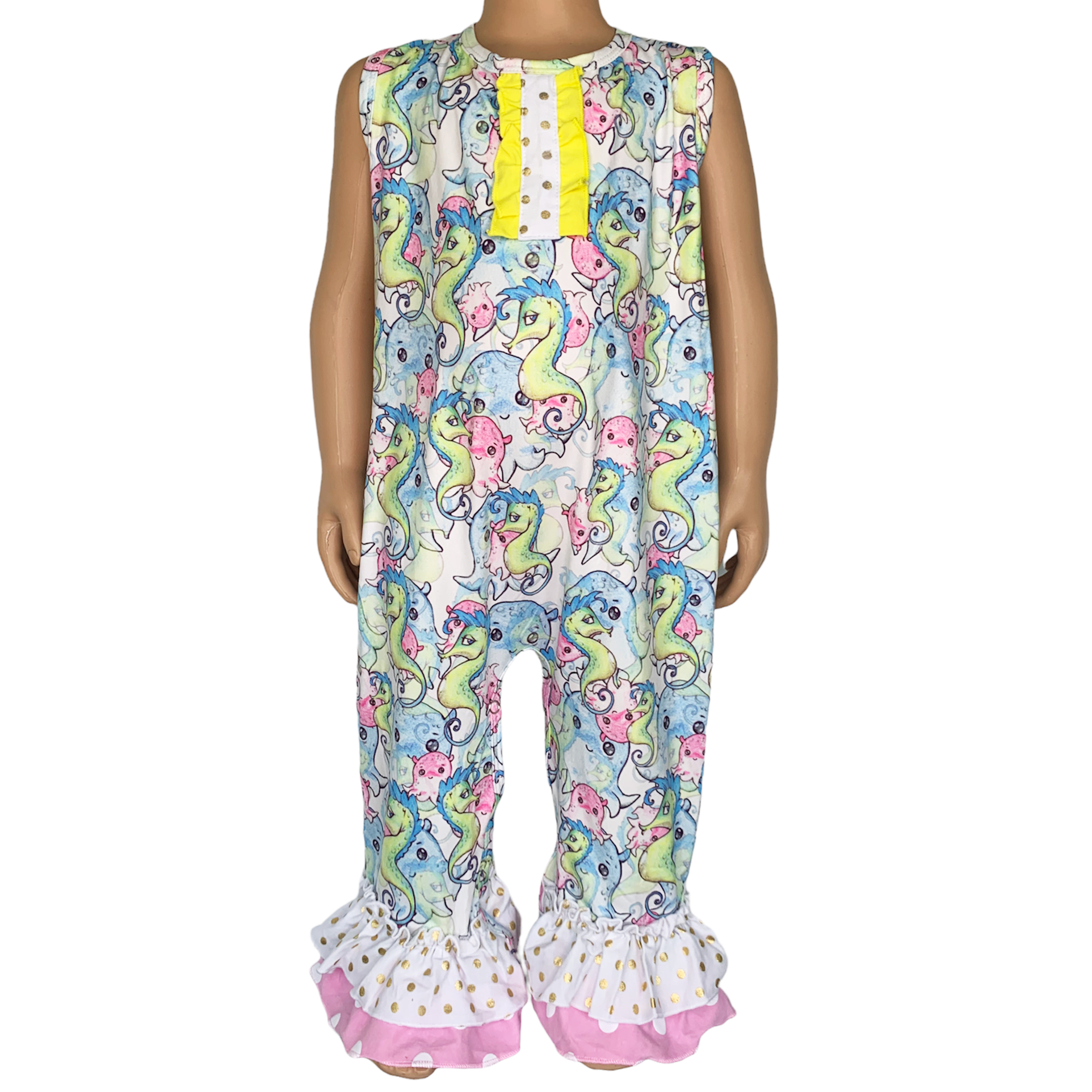 AL Limited Seahorse Baby Girls Polka Dot Summer Romper featuring ruffles and snap closures, perfect for summer wear.