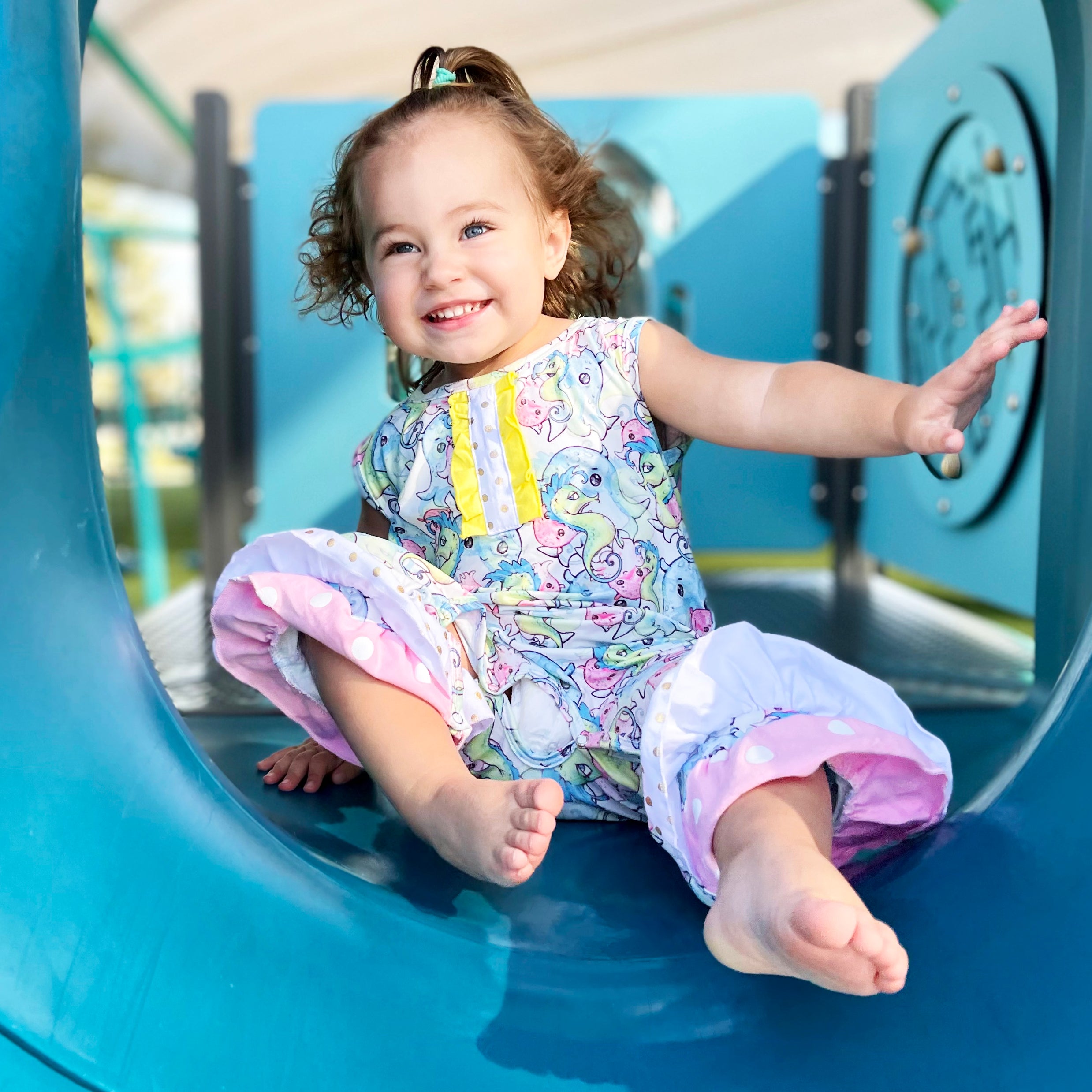 AL Limited Seahorse Baby Girls Polka Dot Summer Romper featuring ruffles and snap closures, perfect for summer wear.