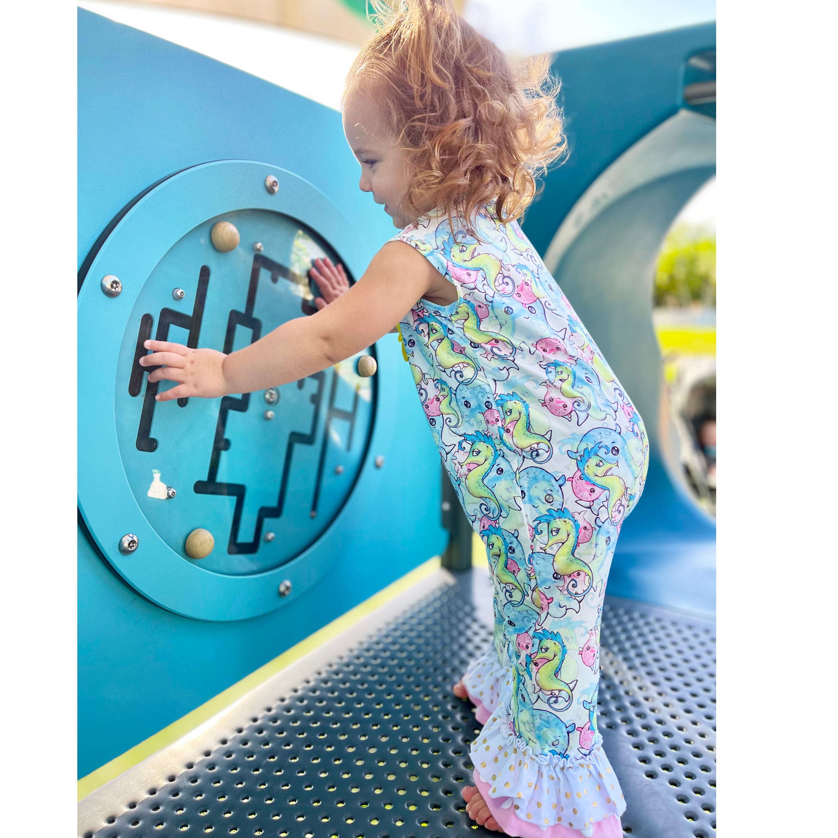 AL Limited Seahorse Baby Girls Polka Dot Summer Romper featuring ruffles and snap closures, perfect for summer wear.