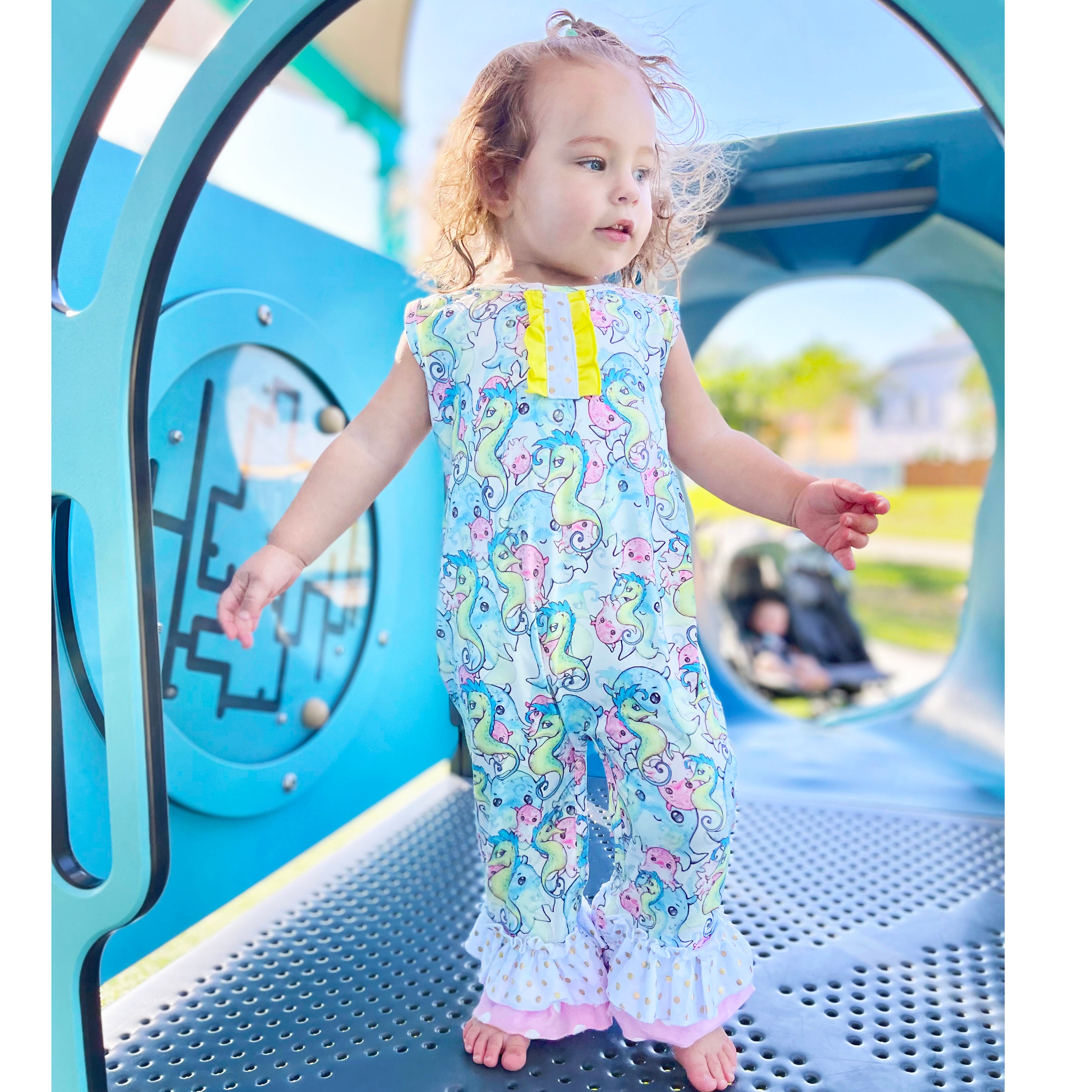 AL Limited Seahorse Baby Girls Polka Dot Summer Romper featuring ruffles and snap closures, perfect for summer wear.