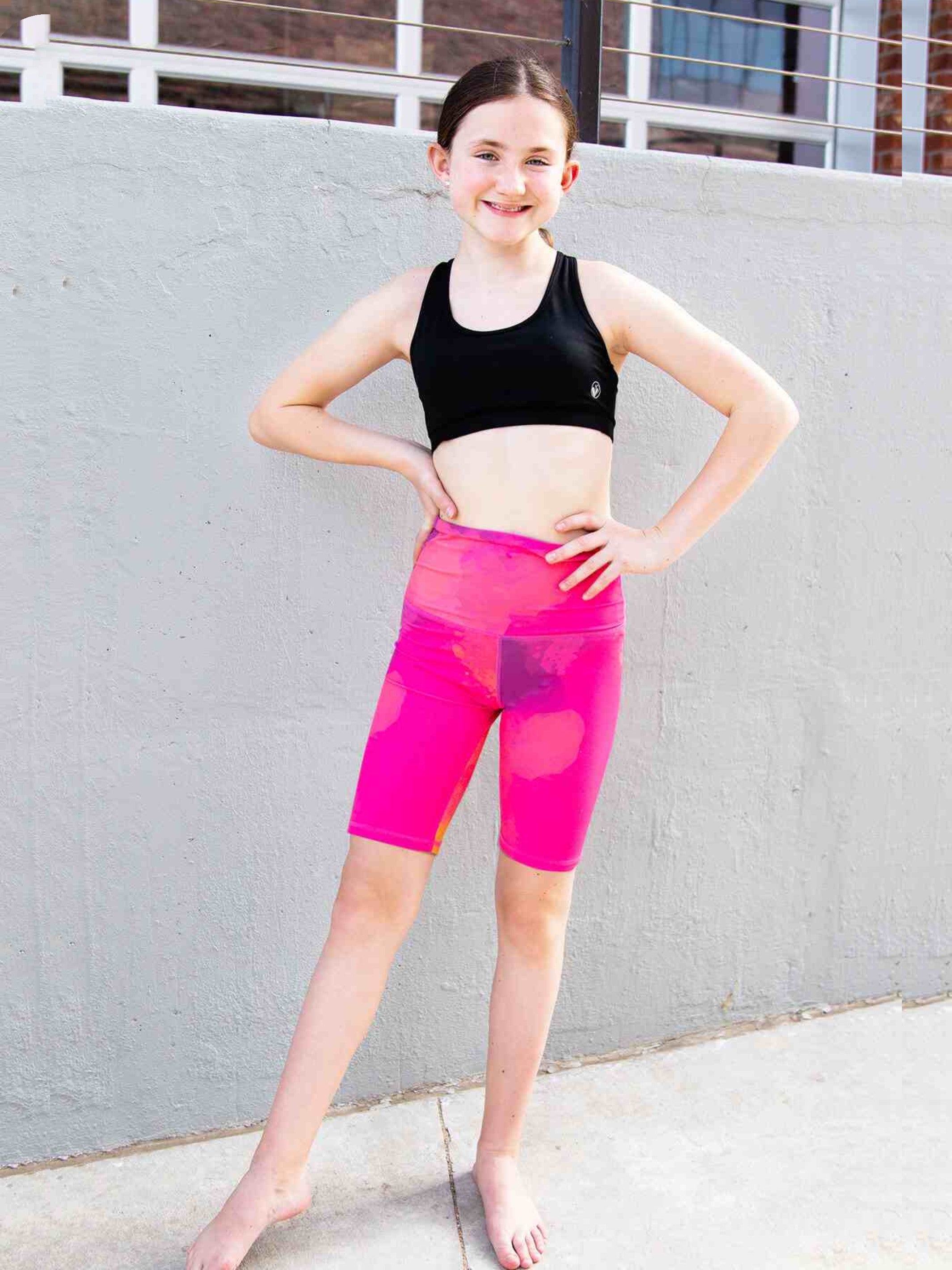 Limeapple ANDY High-Waisted Active Bike Shorts in vibrant multi-colour print, designed for active girls aged 4 to 16.