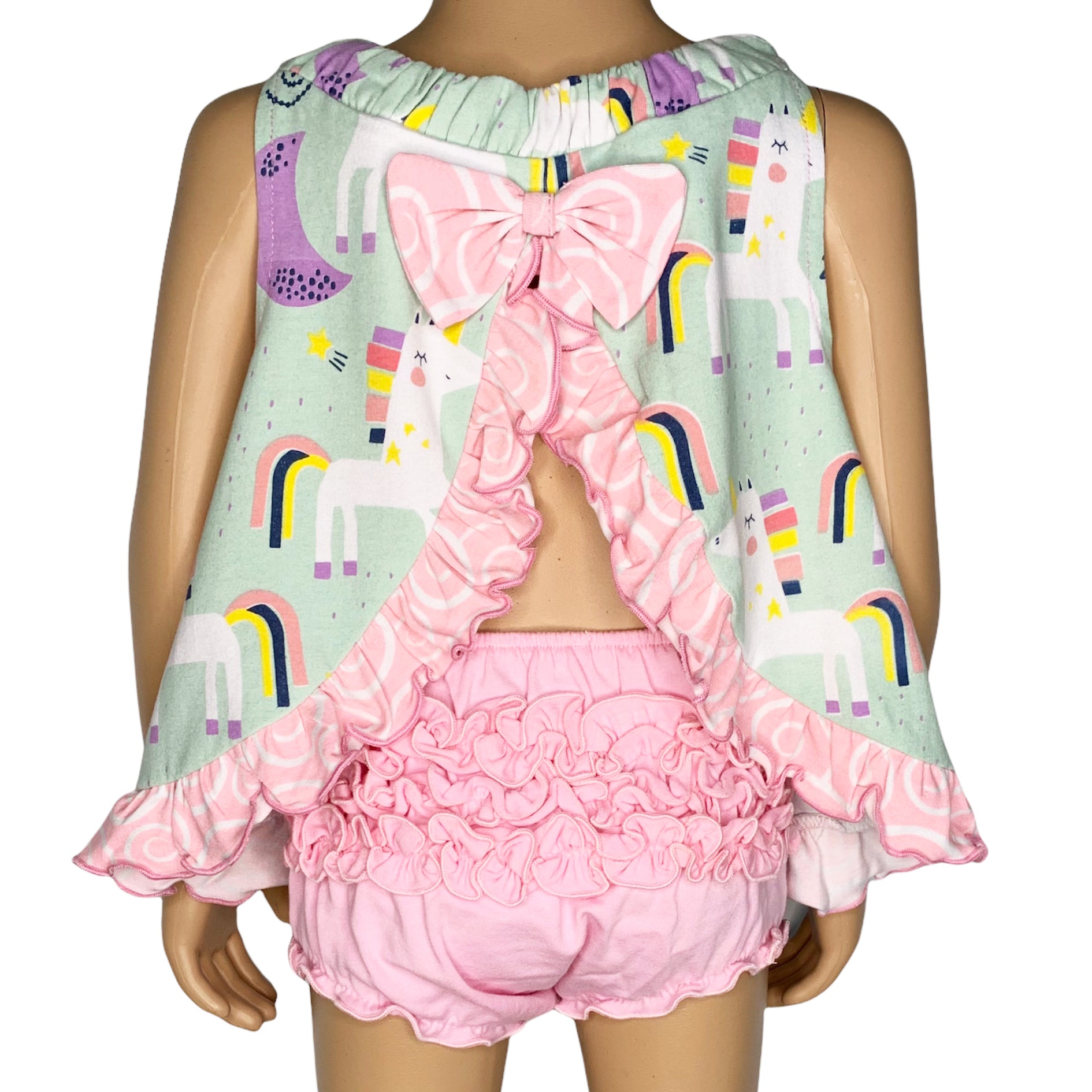 AnnLoren Baby and Big Girls Unicorn Swing Tank Top featuring ruffles and an open-back design, made from soft Egyptian cotton.