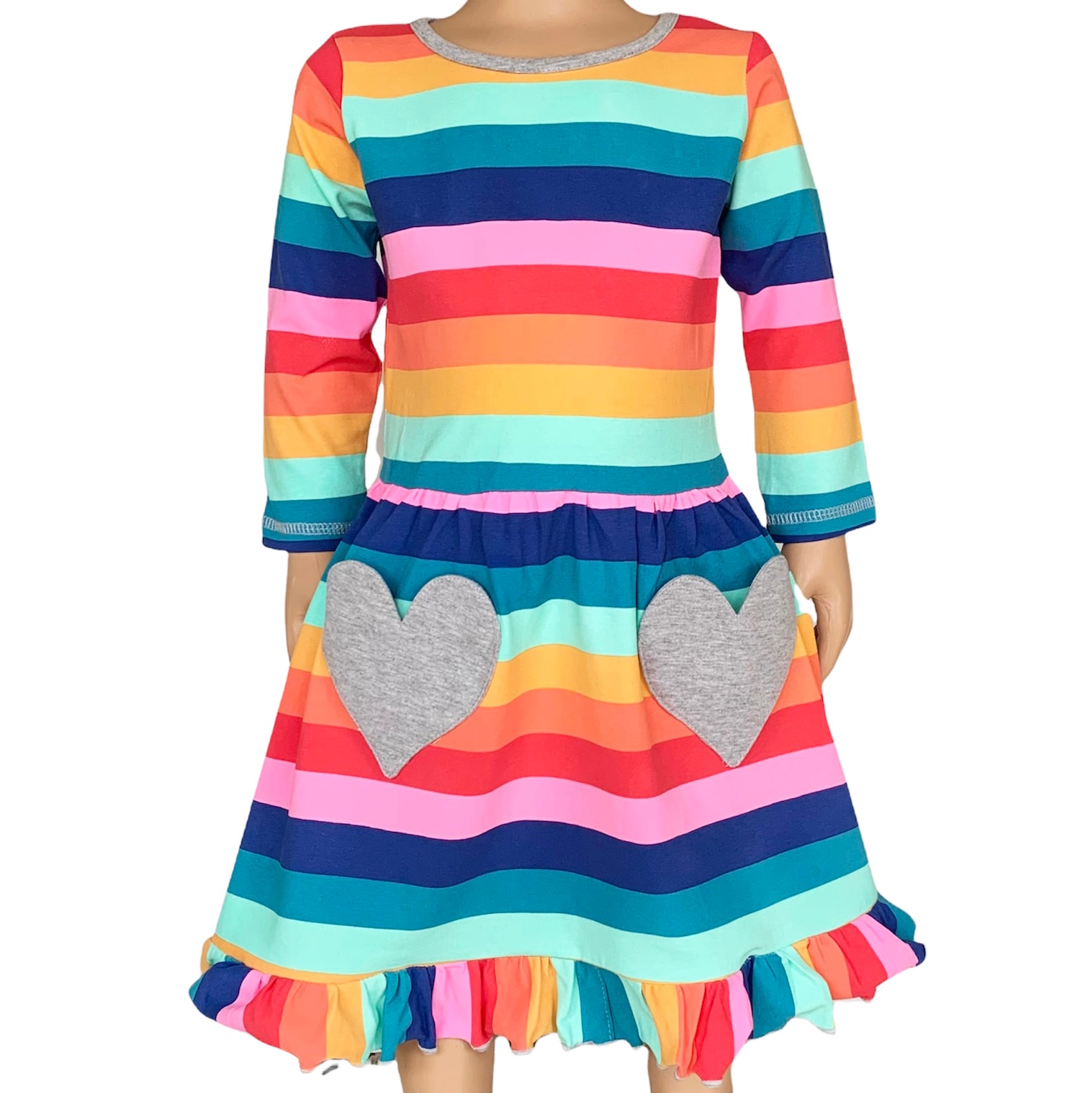AnnLoren Baby Big Girls Boutique Fall Rainbow Hearts Cotton Winter dress featuring a vibrant rainbow print and silver heart appliques, perfect for autumn and winter.