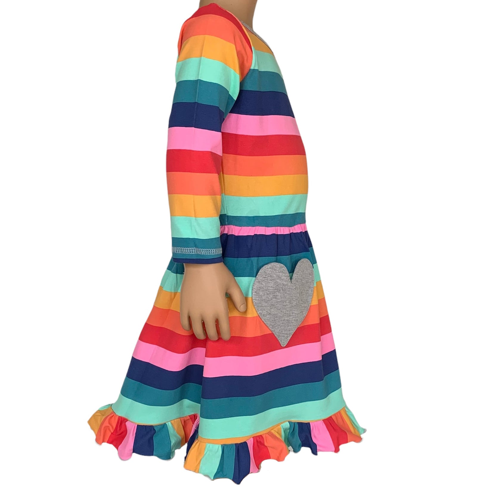 AnnLoren Baby Big Girls Boutique Fall Rainbow Hearts Cotton Winter dress featuring a vibrant rainbow print and silver heart appliques, perfect for autumn and winter.