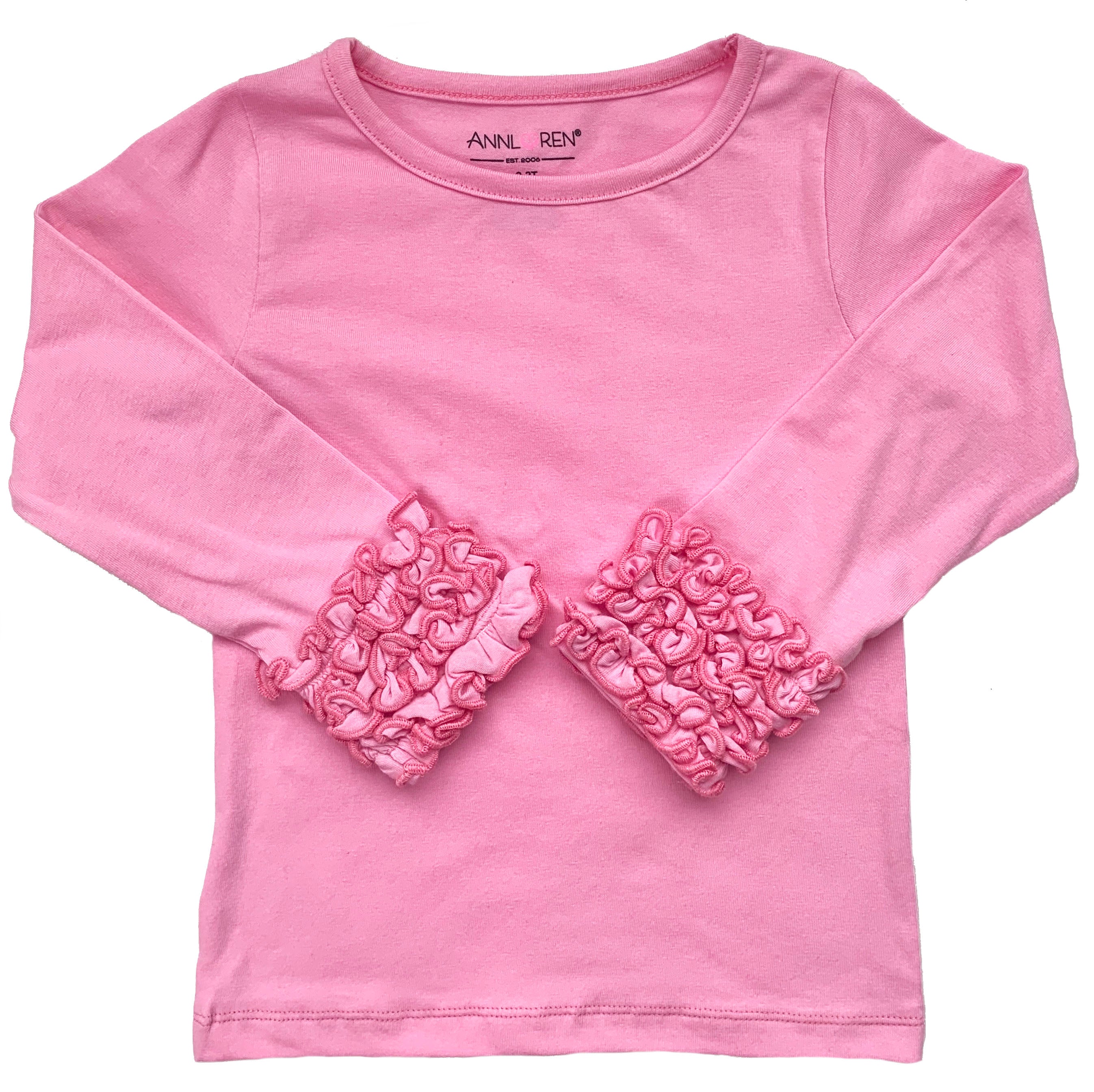 AnnLoren Baby Big Girls Long Sleeve Dark Pink Ruffle Layering Tee, featuring soft cotton fabric and stylish ruffle details.