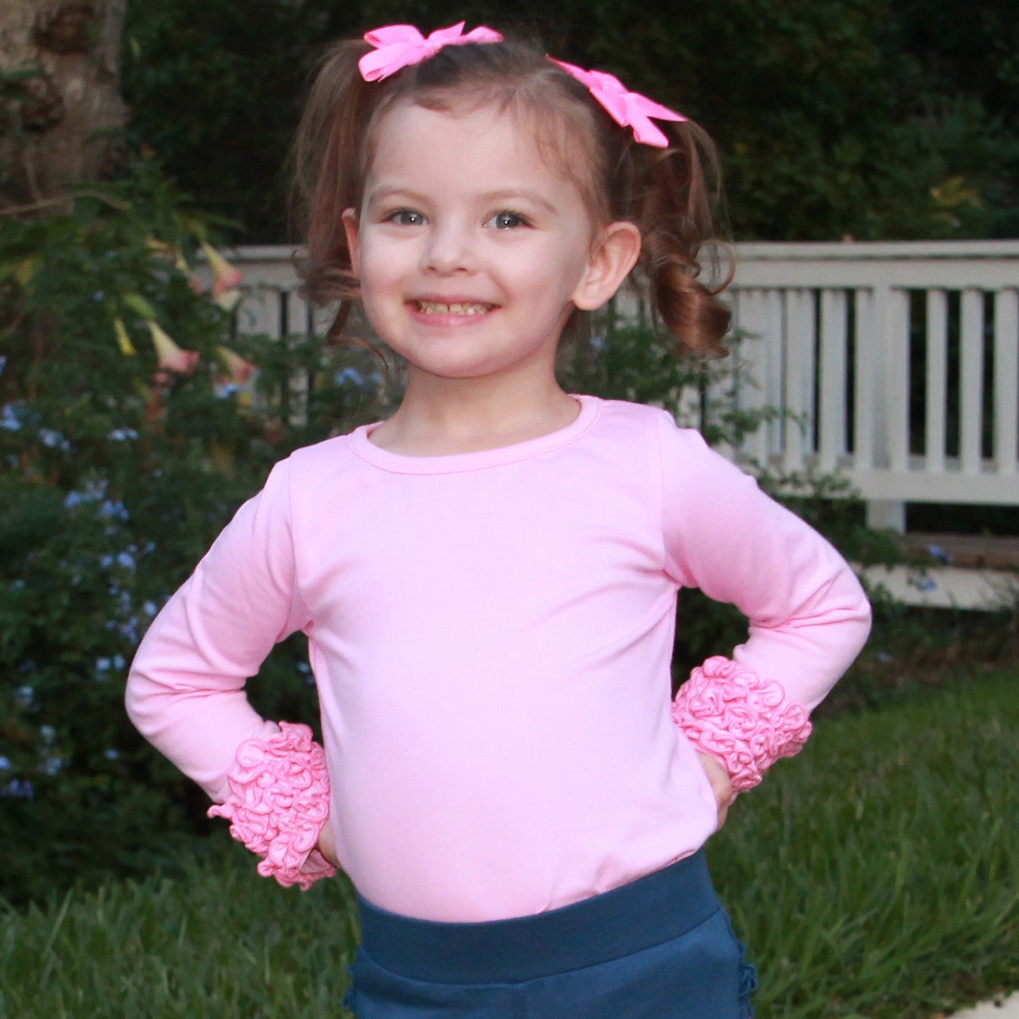 AnnLoren Baby Big Girls Long Sleeve Dark Pink Ruffle Layering Tee, featuring soft cotton fabric and stylish ruffle details.