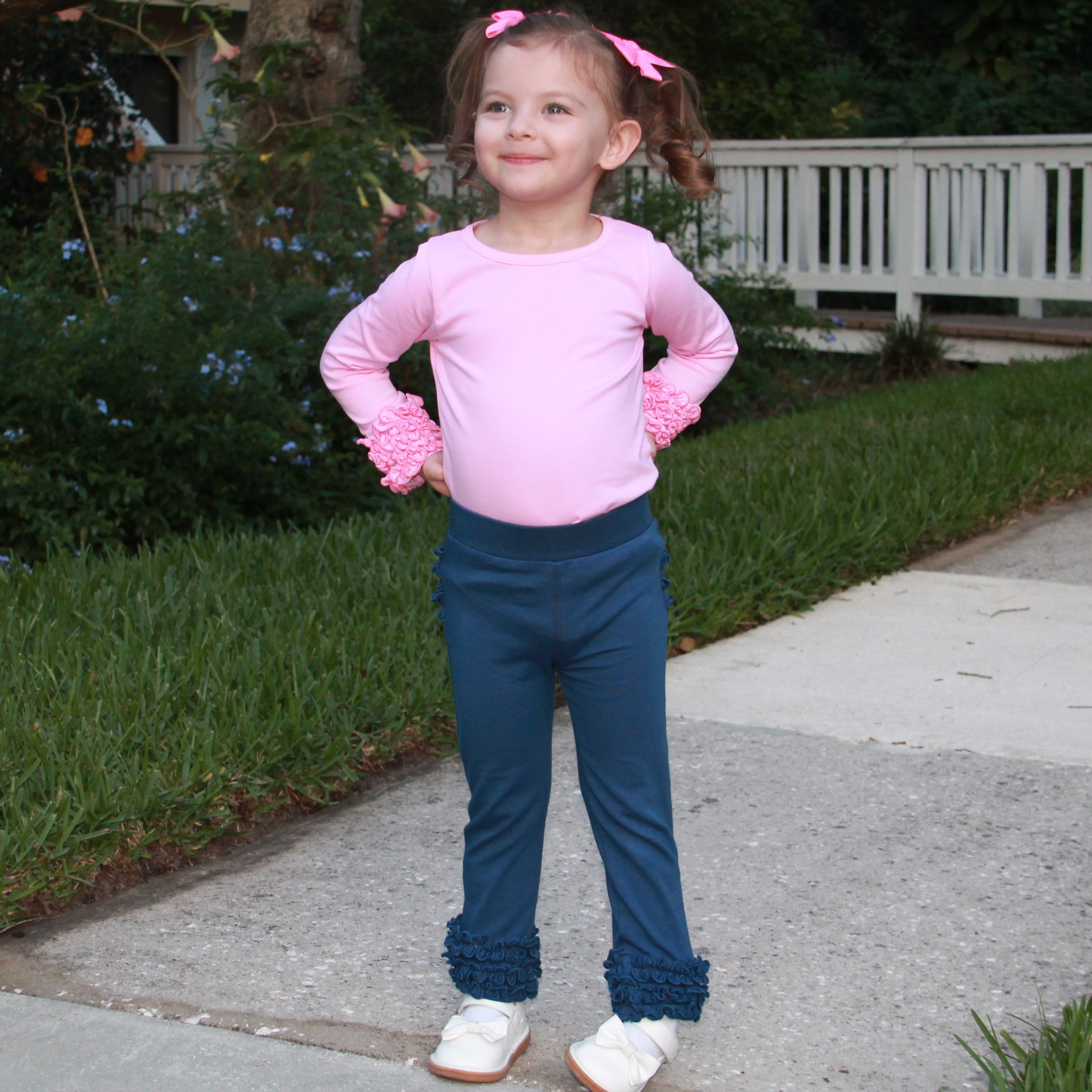 AnnLoren Baby Big Girls Long Sleeve Dark Pink Ruffle Layering Tee, featuring soft cotton fabric and stylish ruffle details.