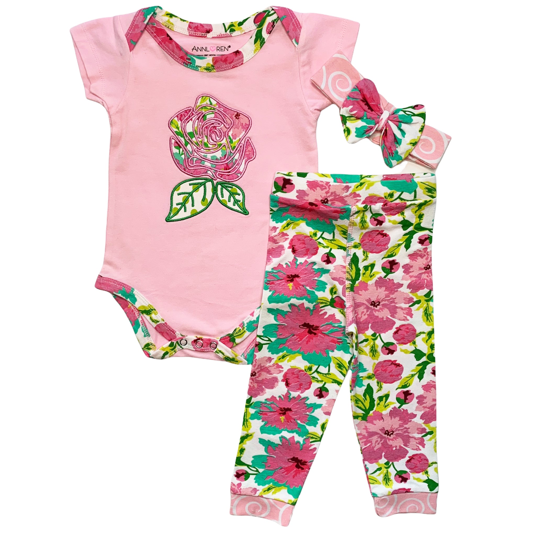 AnnLoren Baby Girls Layette set featuring a pink floral onesie, matching pants, and a headband, perfect for stylish infants.
